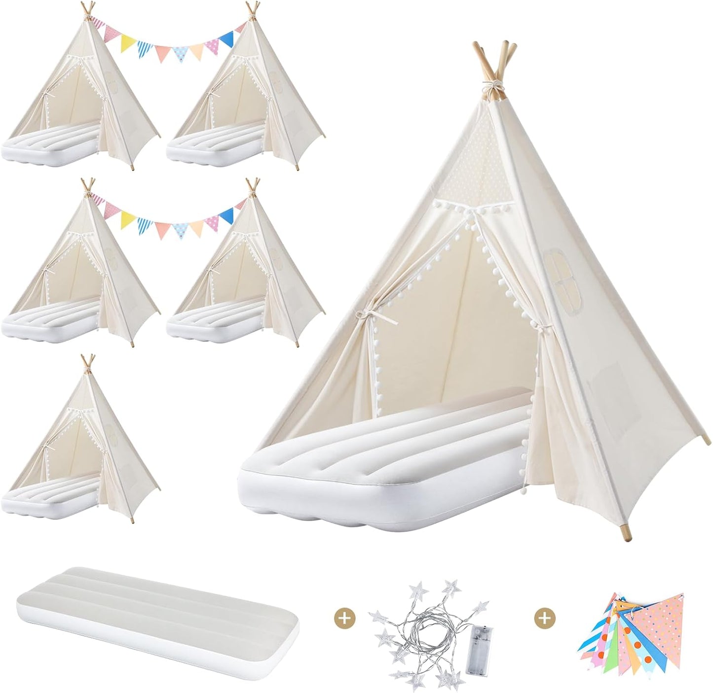 Sumbababy 6 Pack Sleepover Tents for Girls Party - Kids Teepee Tent with Inflatable Airbed - Boho Toddler Tents Indoor - Washable Foldable Slumber Party Tent