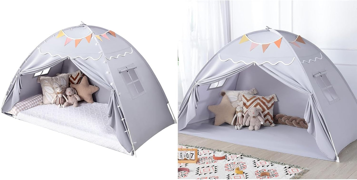 Sumbababy Toddler Bed Tent Canopy: Lights & Flags Indoor Floor Bed Kids Tent Playhouse - Foldable Twin Bunk Bed Curtains - Girls & Boys Bedroom Privacy Space Sleeping Tents Gifts