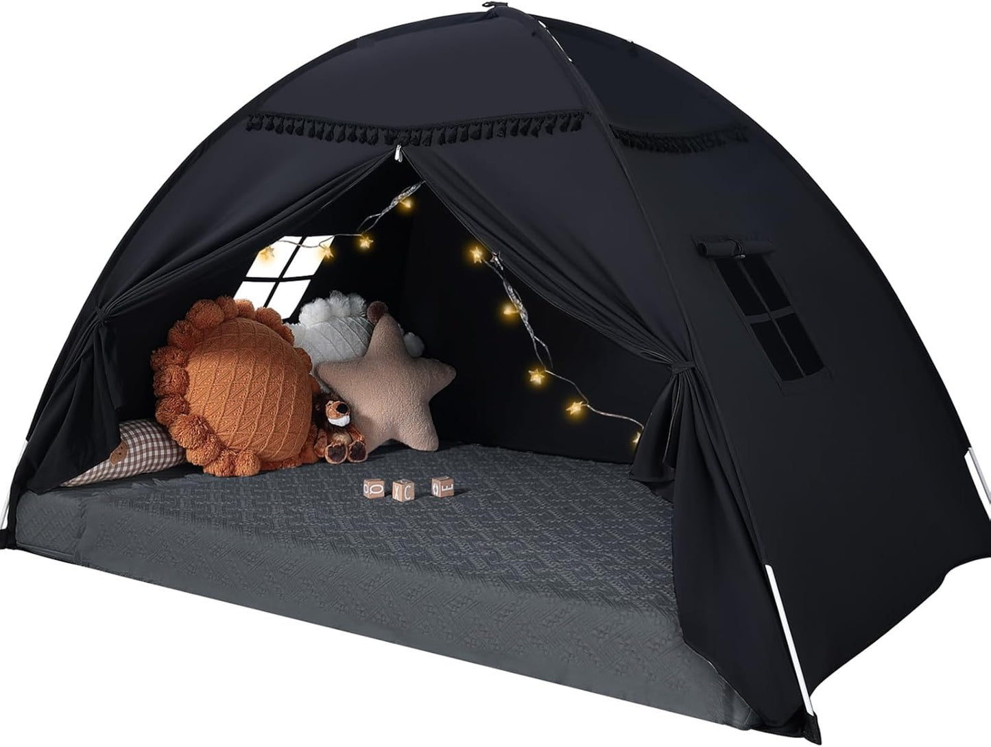 Twin Size Bed Canopy: Lights & Flags Indoor Floor Bed Kids Tent Playhouse - Portable & Foldable Twin Bunk Curtains - Girls & Boys Bedroom Privacy Space Blackout Tents Slumber