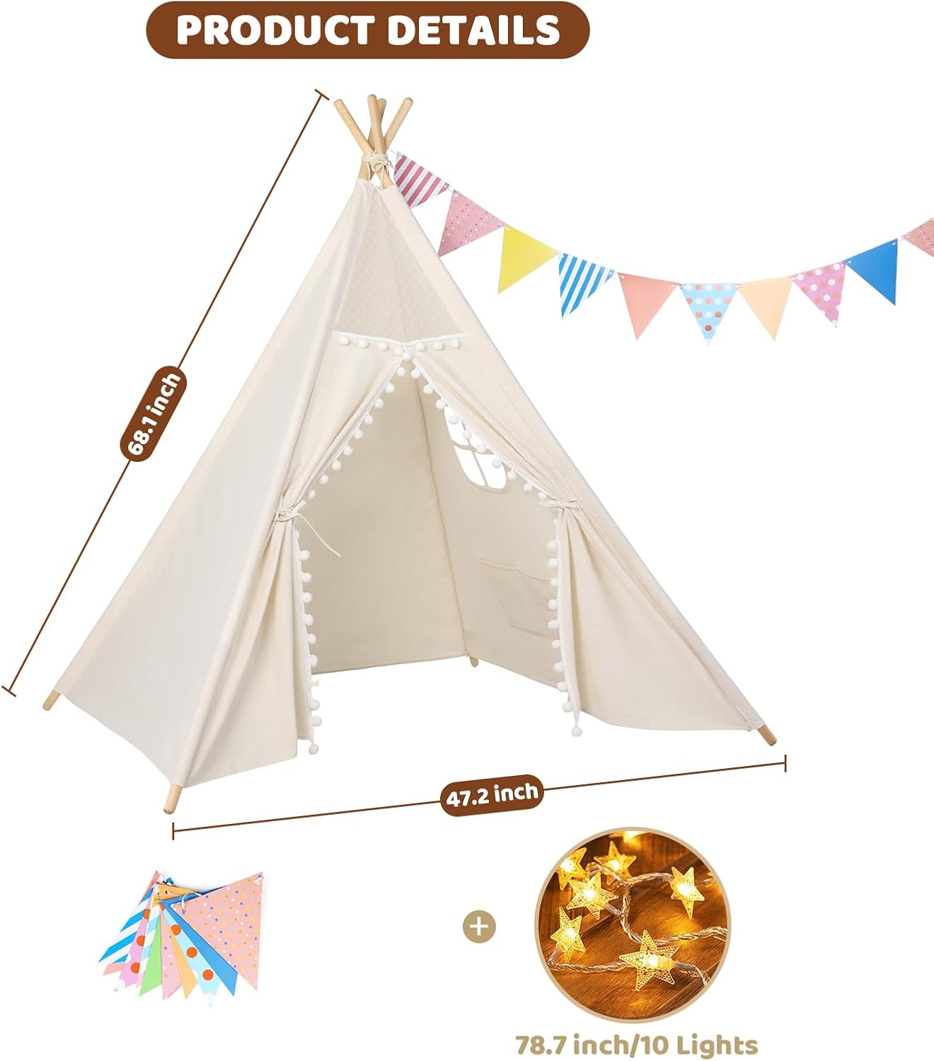Sumbababy 2 Pack Kids Teepee Tent - Boho Toddler Sleepover Tents for Girls & Boys Indoor - Washable Foldable Slumber Party Tent