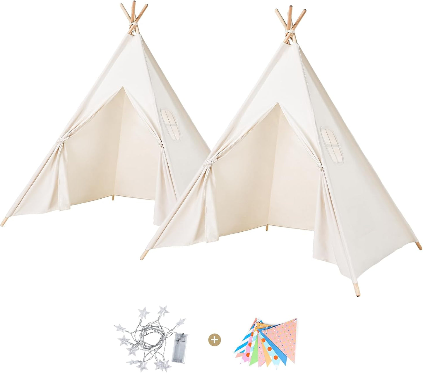 Sumbababy 2 Pack Teepee Tent for Kids - Natural Canvas Tipi Sleepover Tents for Girls Party with Washable Play Tent Indoor, Includes Carry Bag, Lights & Colorful Flags