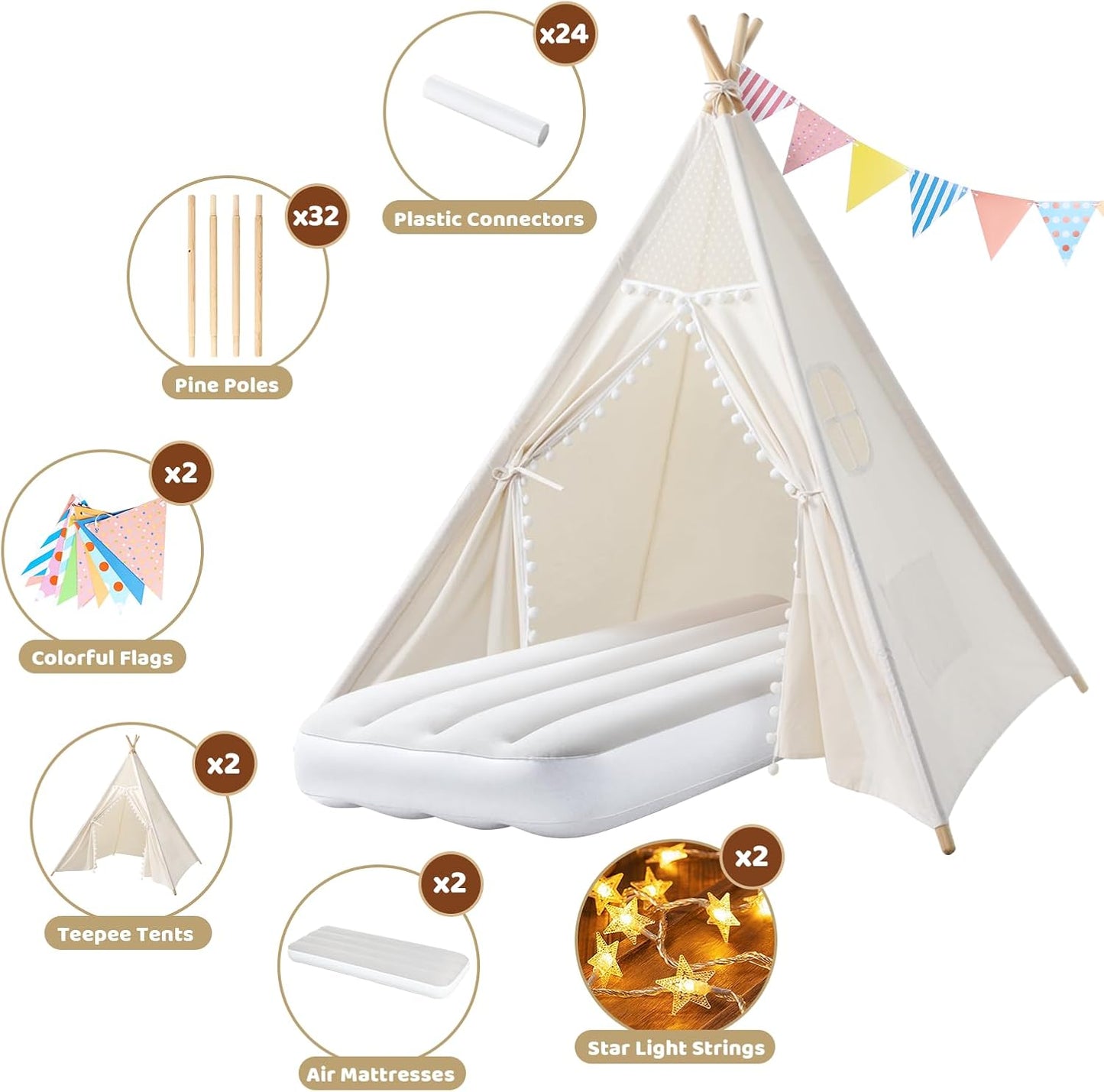 Sumbababy 2 Pack Sleepover Tents for Girls Party - Kids Teepee Tent with Inflatable Airbed - Boho Toddler Tents Indoor - Washable Foldable Slumber Party Tent