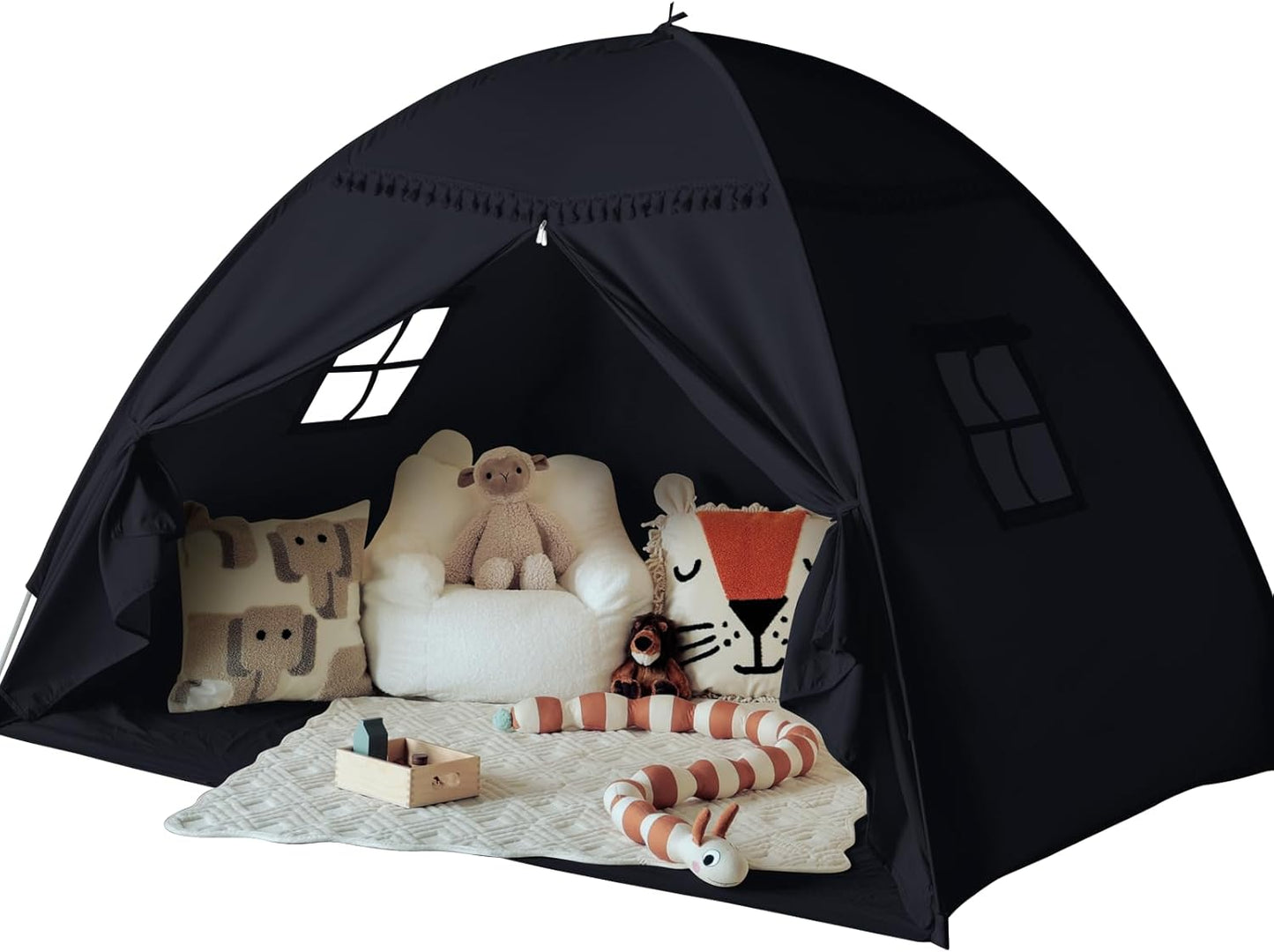 Twins Size Bed Canopy: Lights & Flags Indoor Floor Bed Kids Tent Playhouse - Portable & Foldable Twin Bunk Curtains - Girls & Boys Bedroom Privacy Space Blackout Tents Slumber Gifts (Black) Visit the S