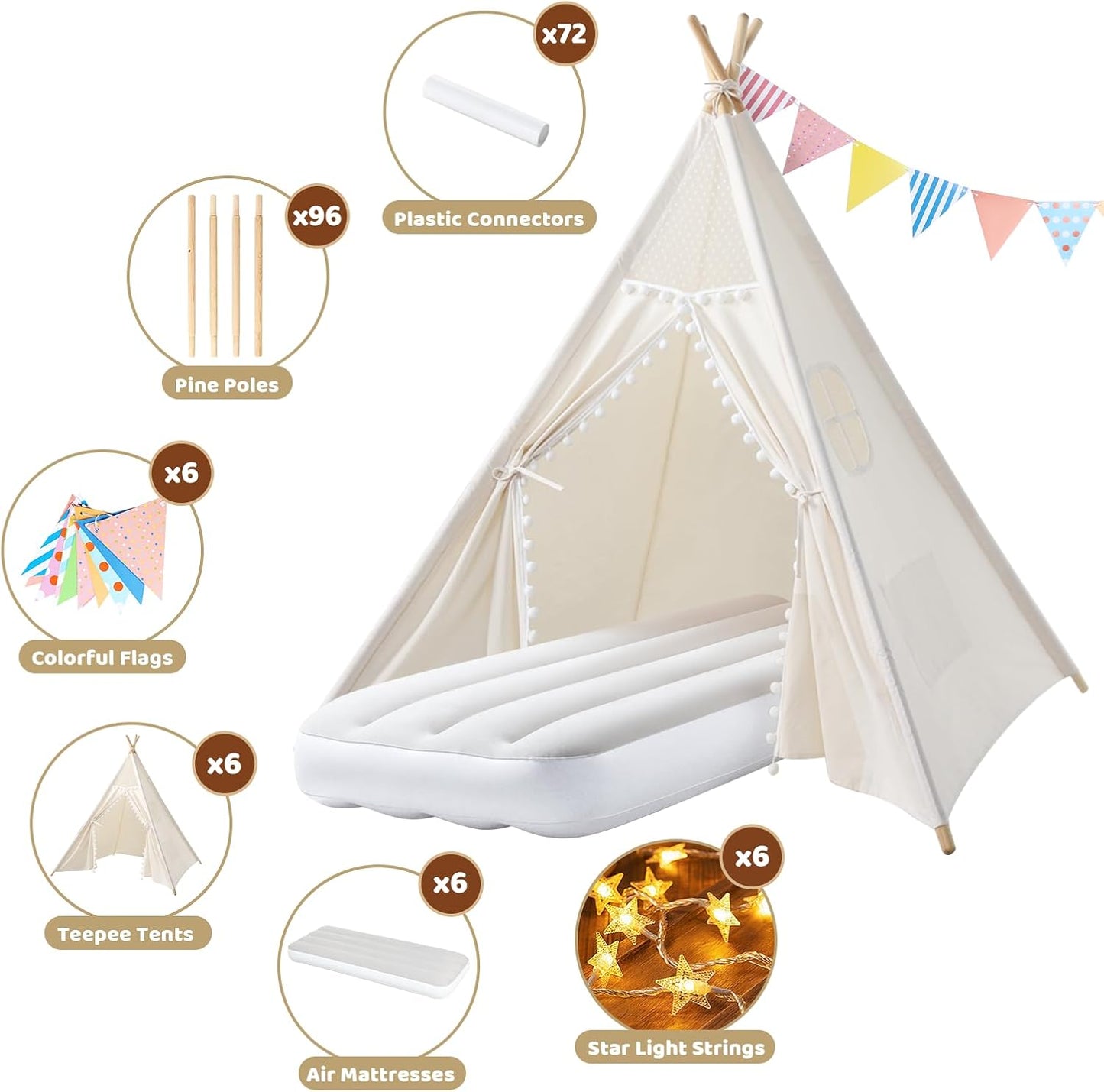 Sumbababy 6 Pack Sleepover Tents for Girls Party - Kids Teepee Tent with Inflatable Airbed - Boho Toddler Tents Indoor - Washable Foldable Slumber Party Tent