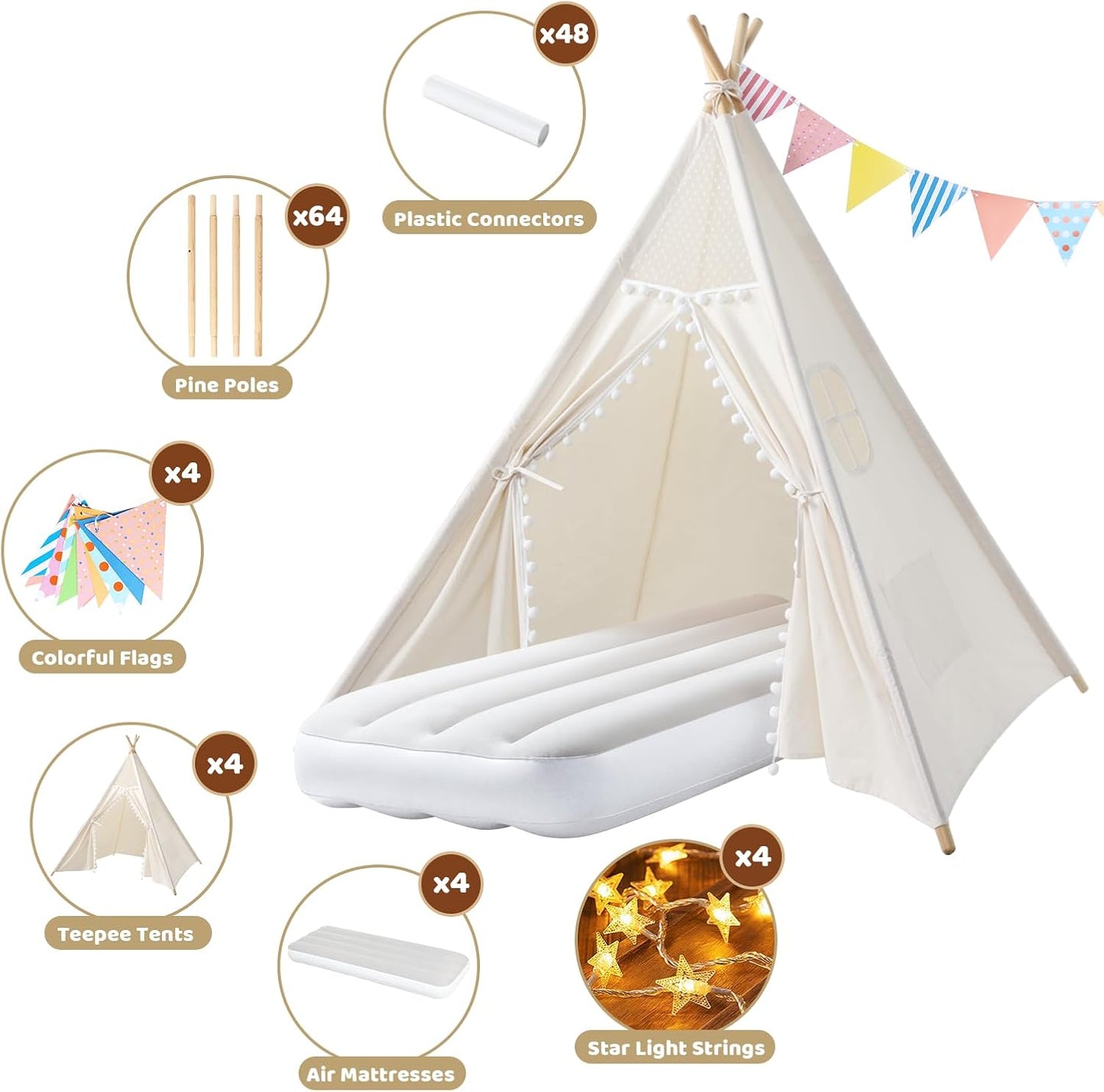 Sumbababy 4 Pack Sleepover Tents for Girls Party - Kids Teepee Tent with Inflatable Airbed - Boho Toddler Tents Indoor - Washable Foldable Slumber Party Tent