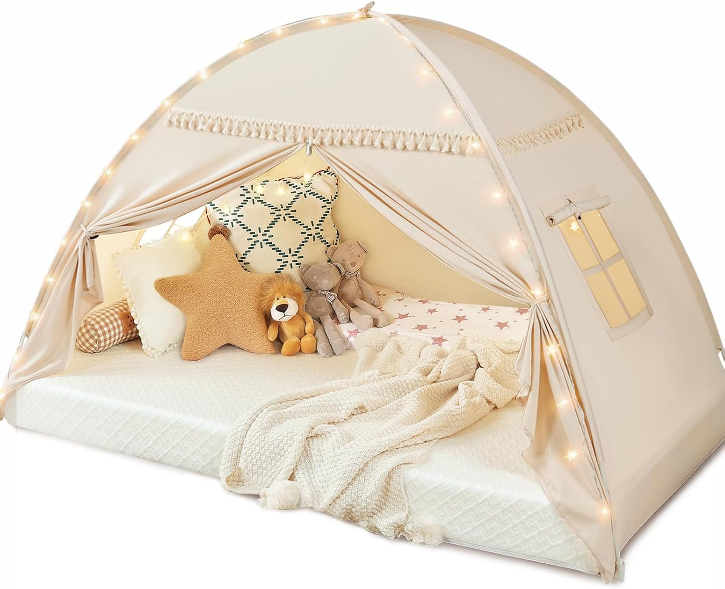 Full Size bed Tent Canopy: Lights & Flags Indoor Floor Bed Kids Tent PlayHouse - Portable & Foldable Twin Bunk bed Curtains - Large Size Girls & Boys House Bedroom Privacy Space Sleeping Tents Gifts