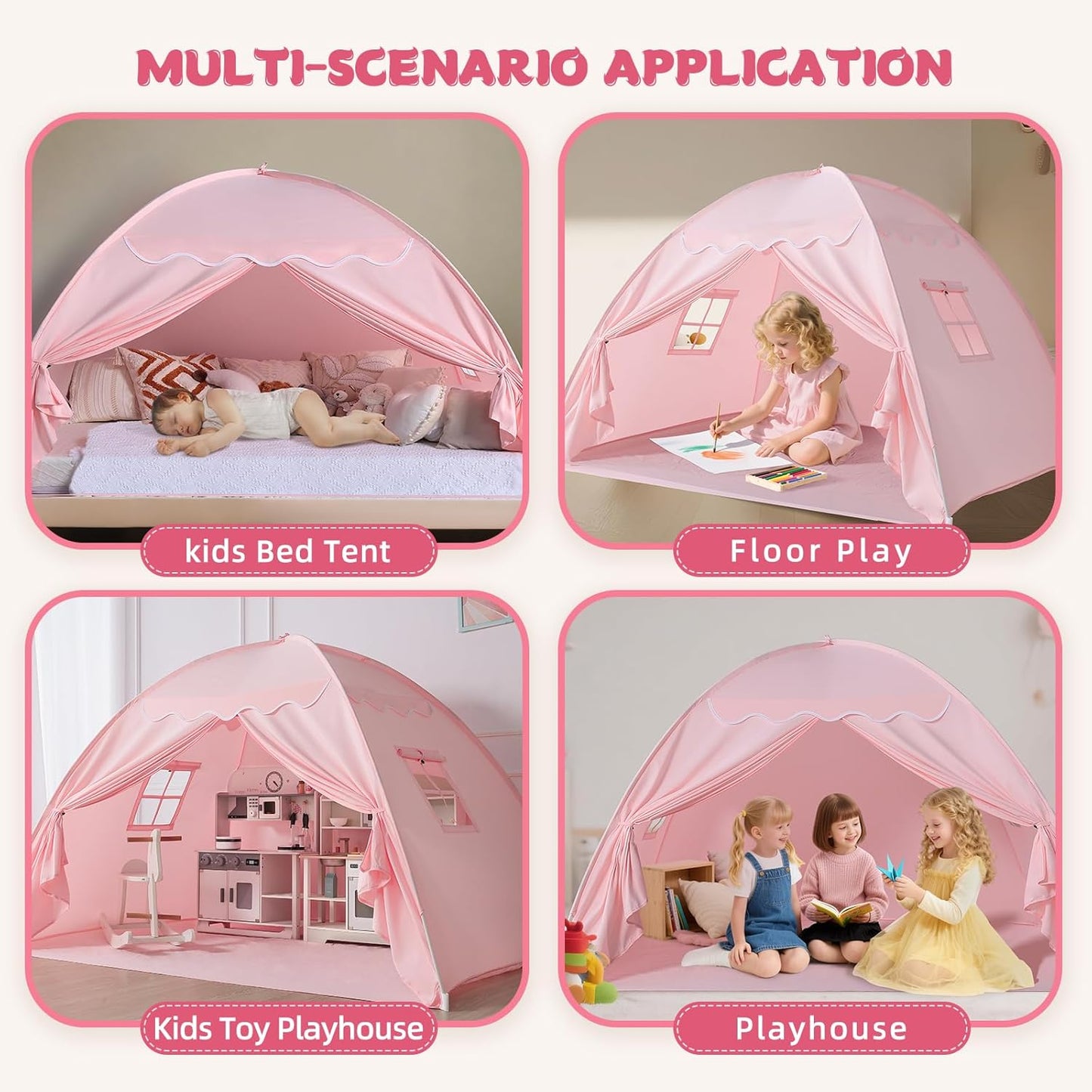 Twin Size Bed Canopy: Lights & Flags Indoor Floor Bed Kids Tent Playhouse - Portable & Foldable Twin Bunk Curtains - Girls & Boys Bedroom Privacy Space Blackout Tents Slumber