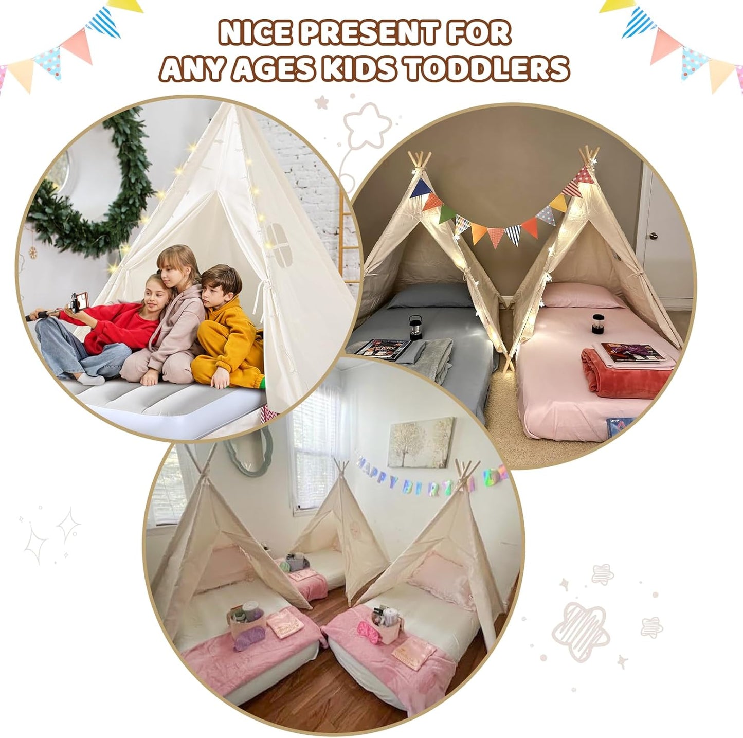 Sumbababy 2 Pack Teepee Tent for Kids Slumber Party - Sleepover Tents with Inflatable Airbeds, Natural Canvas Play Tent Indoor, Washable Fabric, Carry Bag, Lights & Colorful Flags