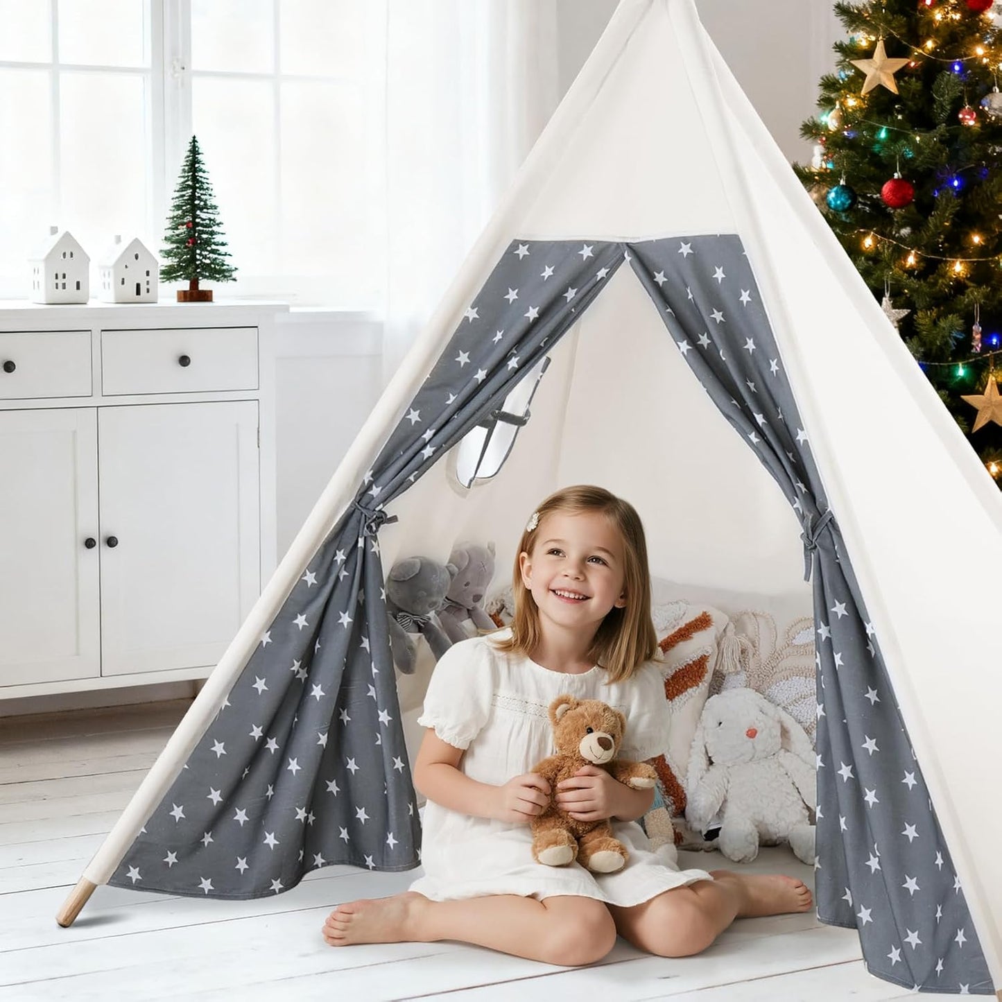 Teepee Tent for Kids Slumber Party with Mat & Light & Carry Case - Kids Cotton Canvas Play Tee Pee Tent Indoor Outdoor Folding for Boys and Girls Gift - Tipi Play House Garden Picnic Tents Child