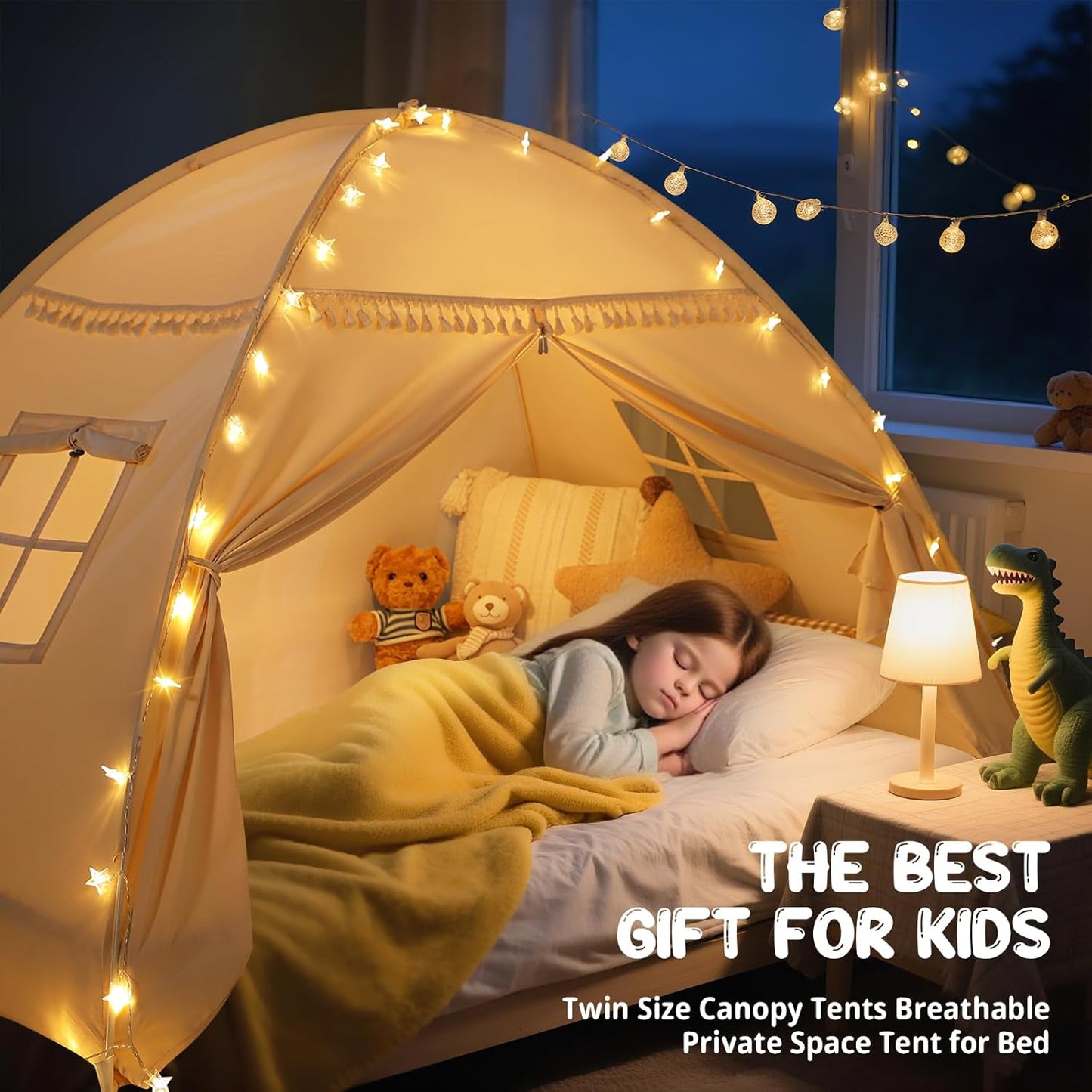 Full Size bed Tent Canopy: Lights & Flags Indoor Floor Bed Kids Tent PlayHouse - Portable & Foldable Twin Bunk bed Curtains - Large Size Girls & Boys House Bedroom Privacy Space Sleeping Tents Gifts