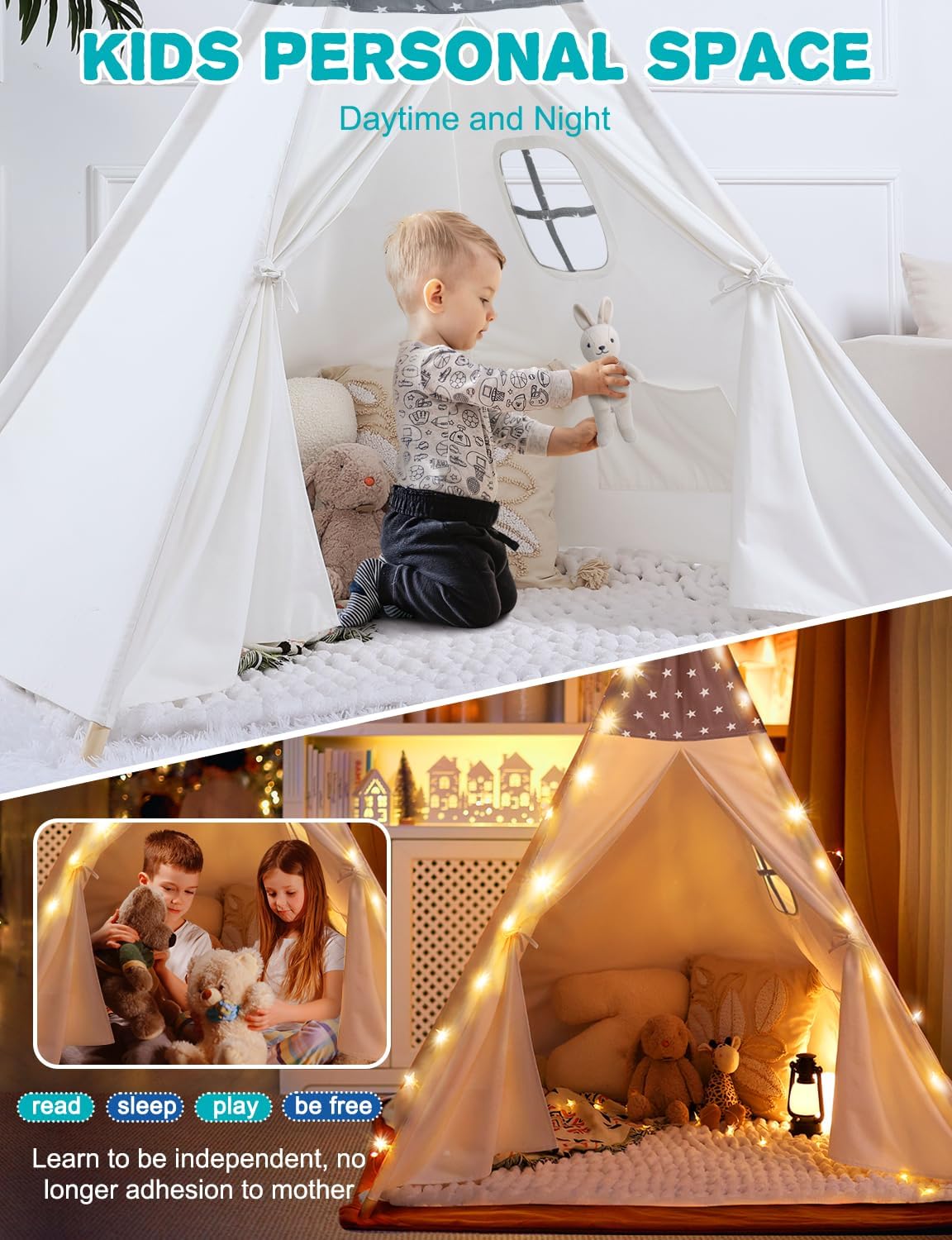 Sumbababy Teepee Tent for Kids Slumber Party - Cotton Canvas Foldable Kids Tent Indoor with Light & Flag Play House Outdoor - Toddler Tipi Playroom for Girls Gift Toys - Tee Pee Tents(Stars Design)