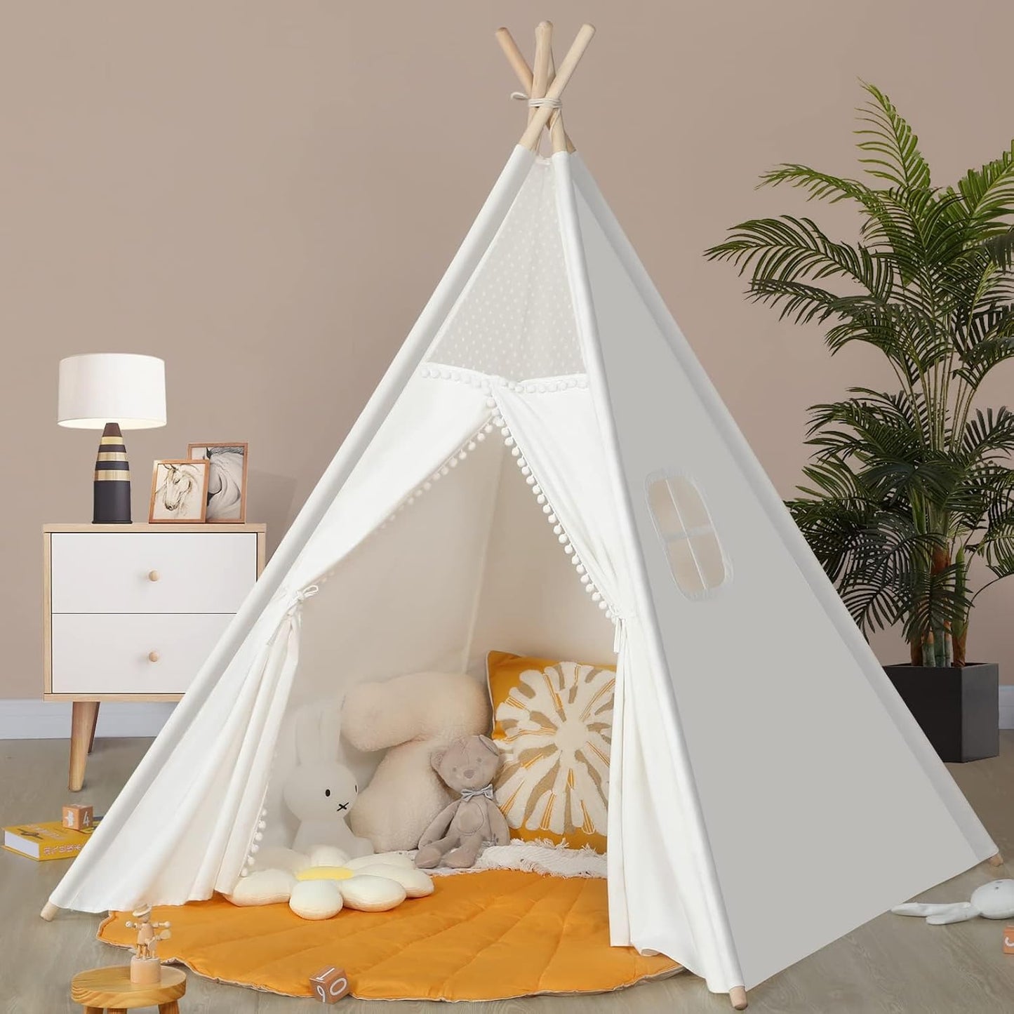 Sumbababy Kids Teepee Tent for Toddlers Indoor- Play Tents for Girls & Boys Slumber Party - Washable Tipi Sleepover Tent Kid Boho Toddler Tents with Lights & Carry Bag - Foldable Outdoor Gift Toys