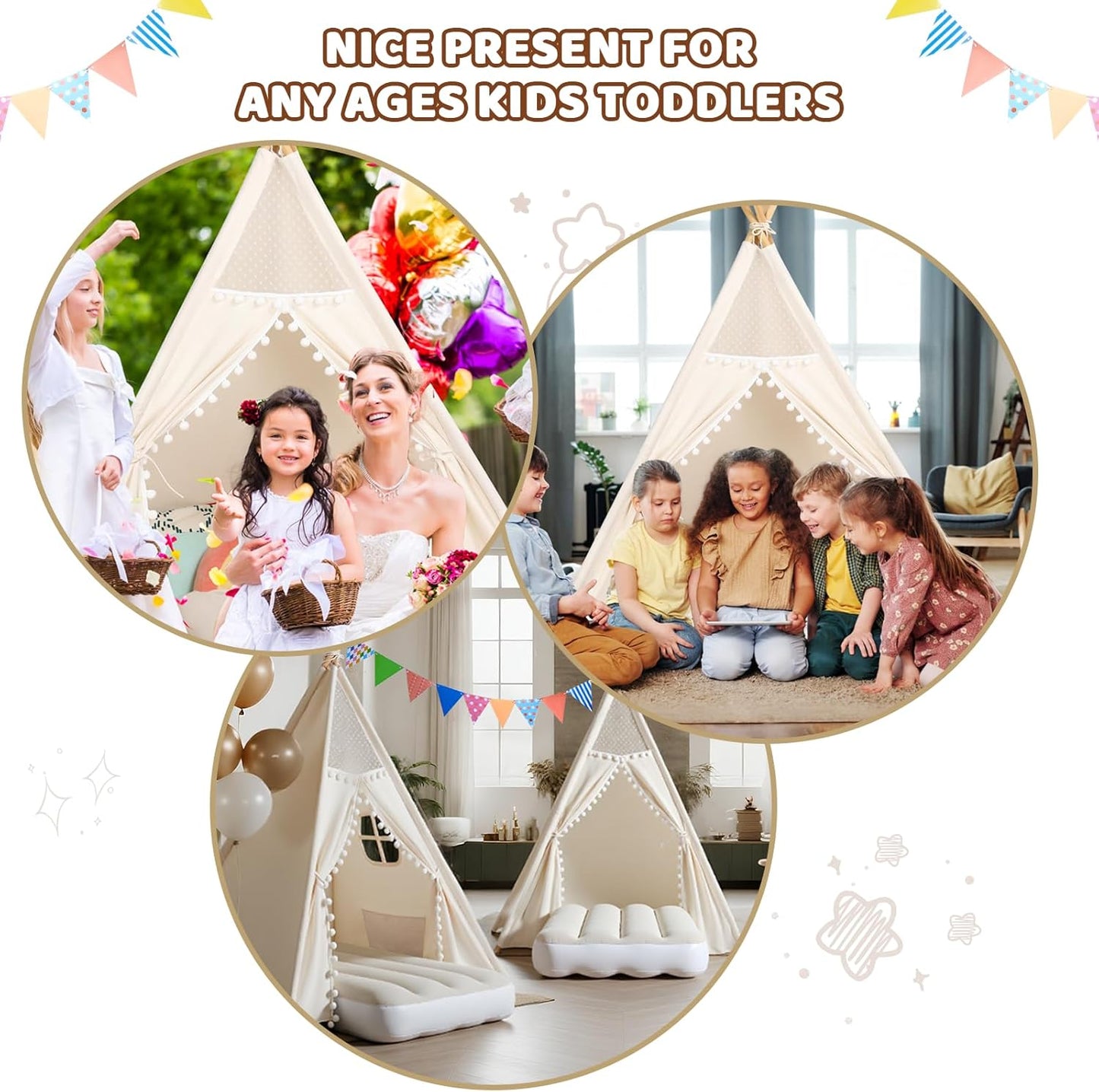 Sumbababy 4 Pack Sleepover Tents for Girls Party - Kids Teepee Tent with Inflatable Airbed - Boho Toddler Tents Indoor - Washable Foldable Slumber Party Tent
