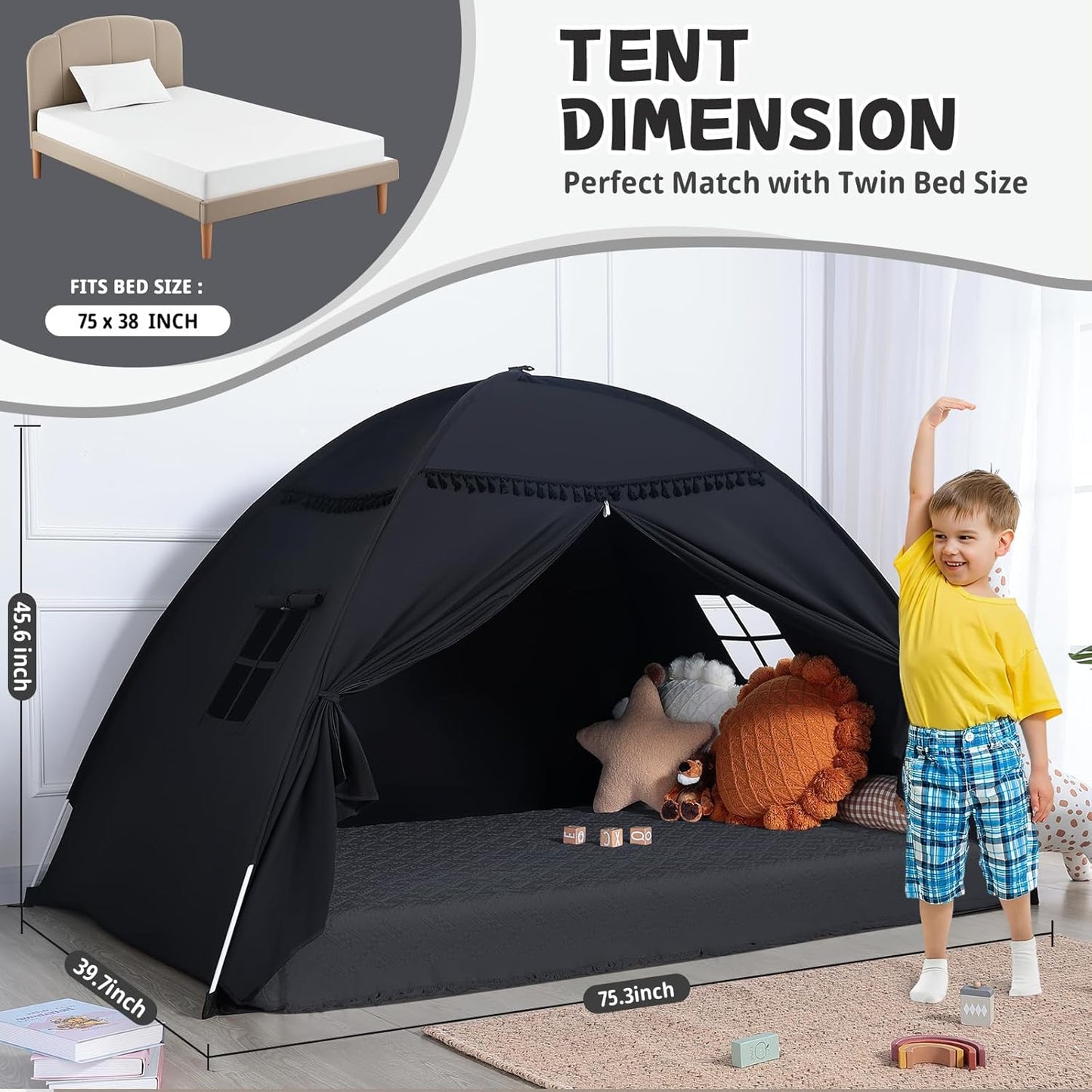Twins Size Bed Canopy: Lights & Flags Indoor Floor Bed Kids Tent Playhouse - Portable & Foldable Twin Bunk Curtains - Girls & Boys Bedroom Privacy Space Blackout Tents Slumber Gifts (Black) Visit the S