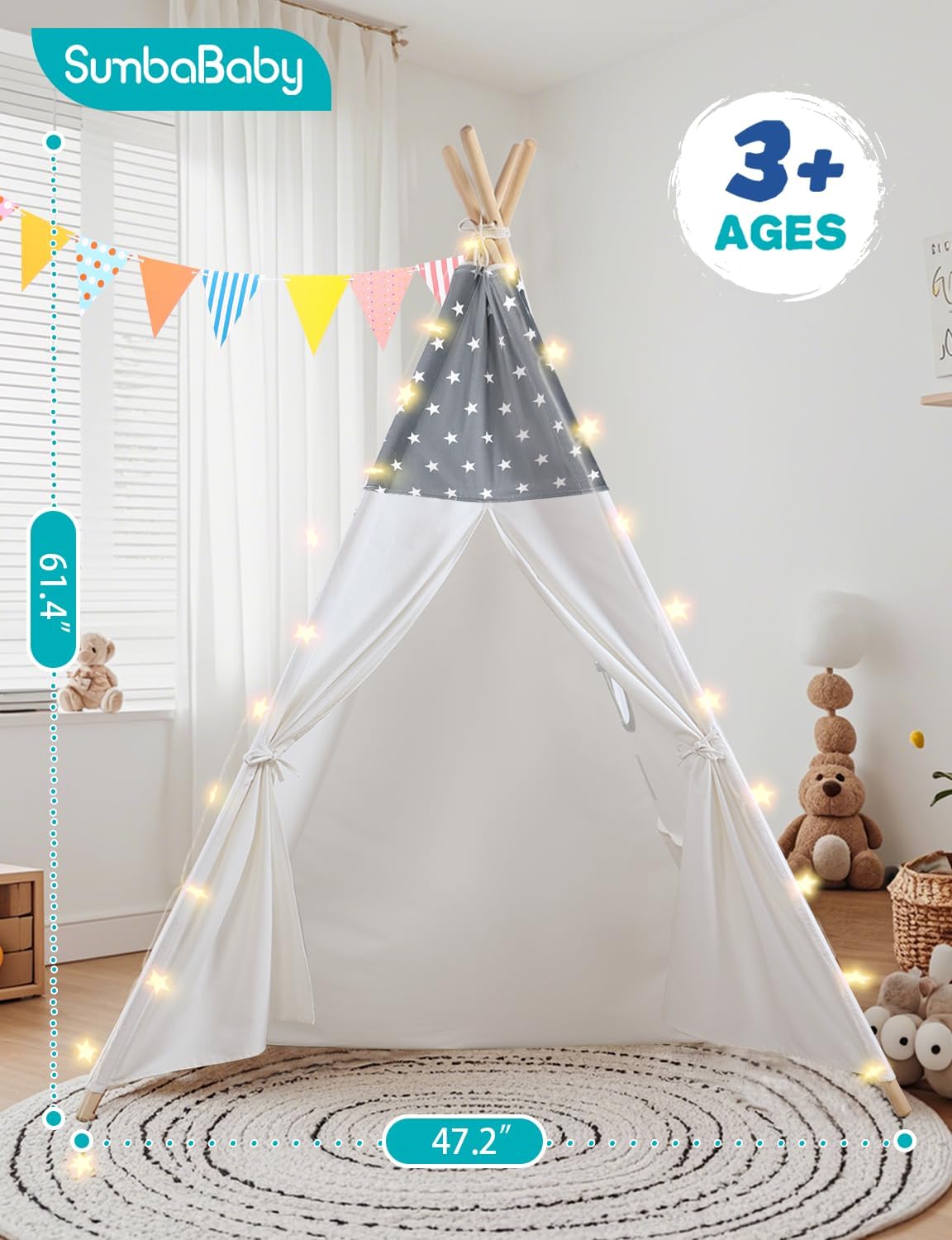 Sumbababy Teepee Tent for Kids Slumber Party - Cotton Canvas Foldable Kids Tent Indoor with Light & Flag Play House Outdoor - Toddler Tipi Playroom for Girls Gift Toys - Tee Pee Tents(Stars Design)