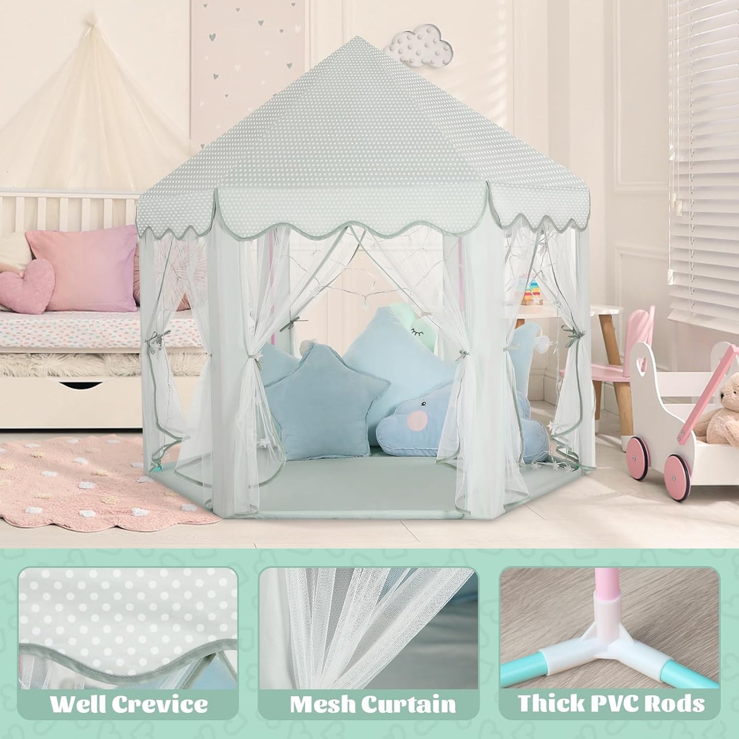 Princess Castle Tent for Girls Fairy Play Tents for Kids Blue Hexagon Playhouse with Fairy Star Lights Toys for Children or Toddlers Indoor or Outdoor Games (Green Princess Tent)