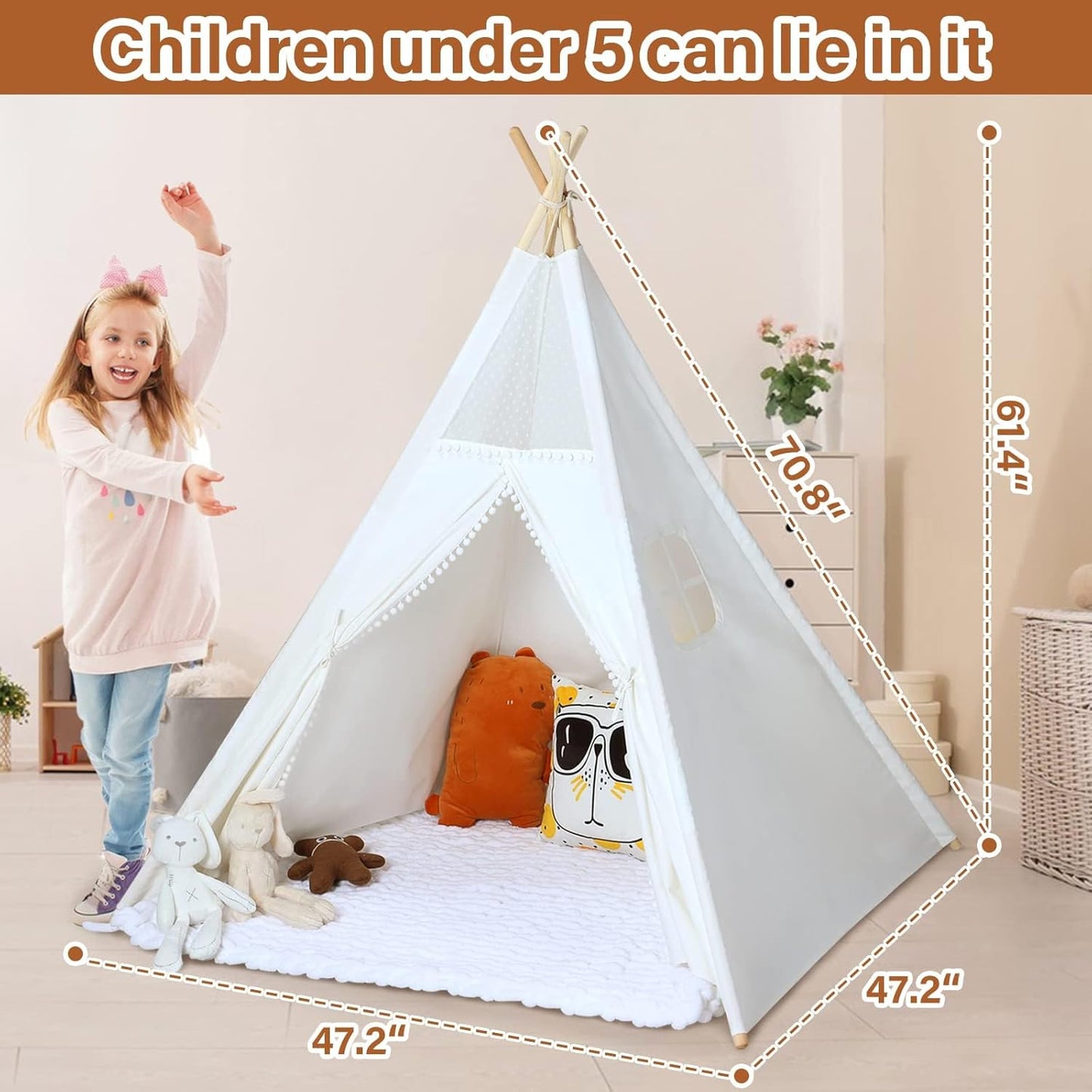 Sumbababy Kids Teepee Tent for Toddlers Indoor- Play Tents for Girls & Boys Slumber Party - Washable Tipi Sleepover Tent Kid Boho Toddler Tents with Lights & Carry Bag - Foldable Outdoor Gift Toys