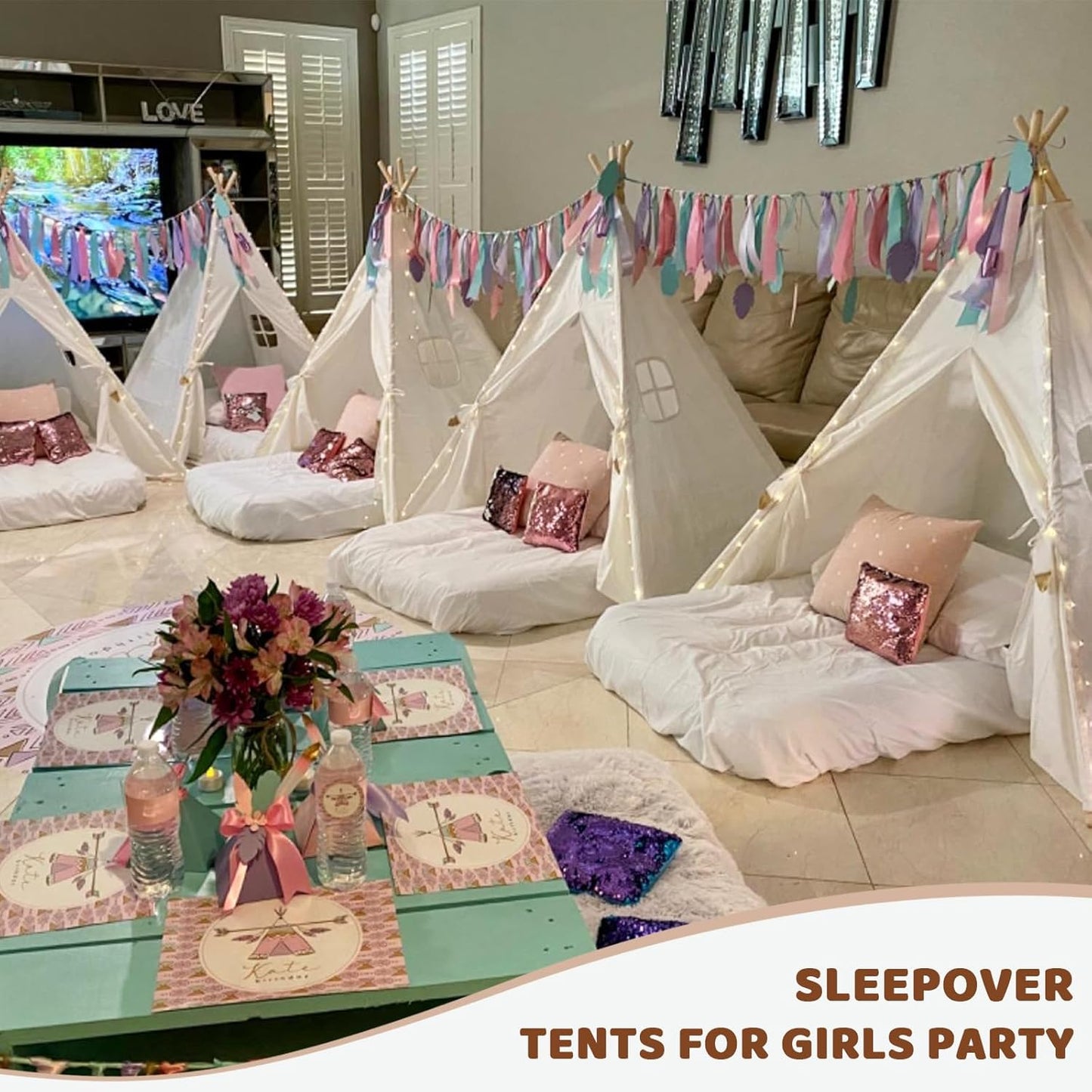 Sumbababy 2 Pack Teepee Tent for Kids - Natural Canvas Tipi Sleepover Tents for Girls Party with Washable Play Tent Indoor, Includes Carry Bag, Lights & Colorful Flags