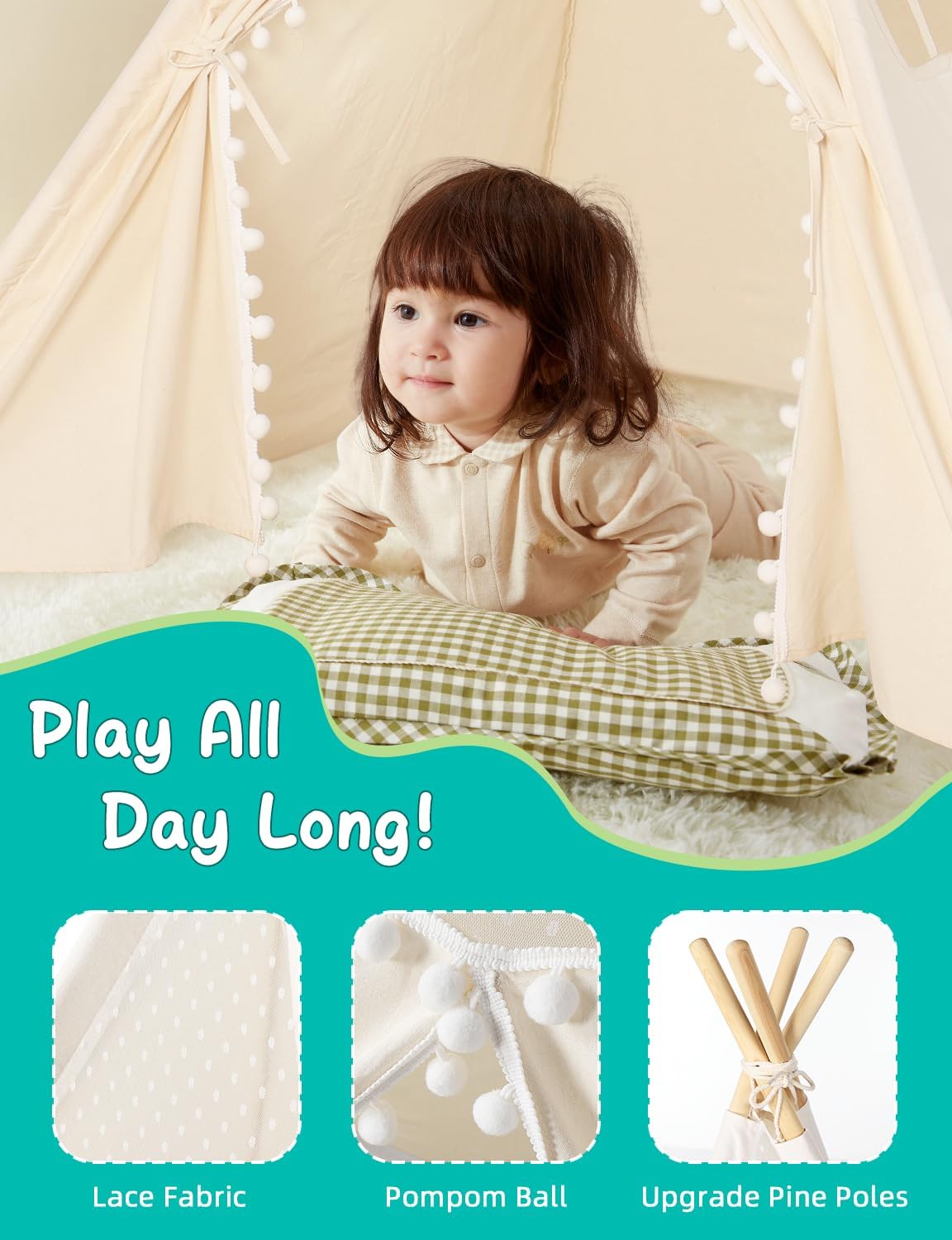 Sumbababy 4 Pack Sleepover Tents for Girls Party - Kids Teepee Tent with Inflatable Airbed - Boho Toddler Tents Indoor - Washable Foldable Slumber Party Tent