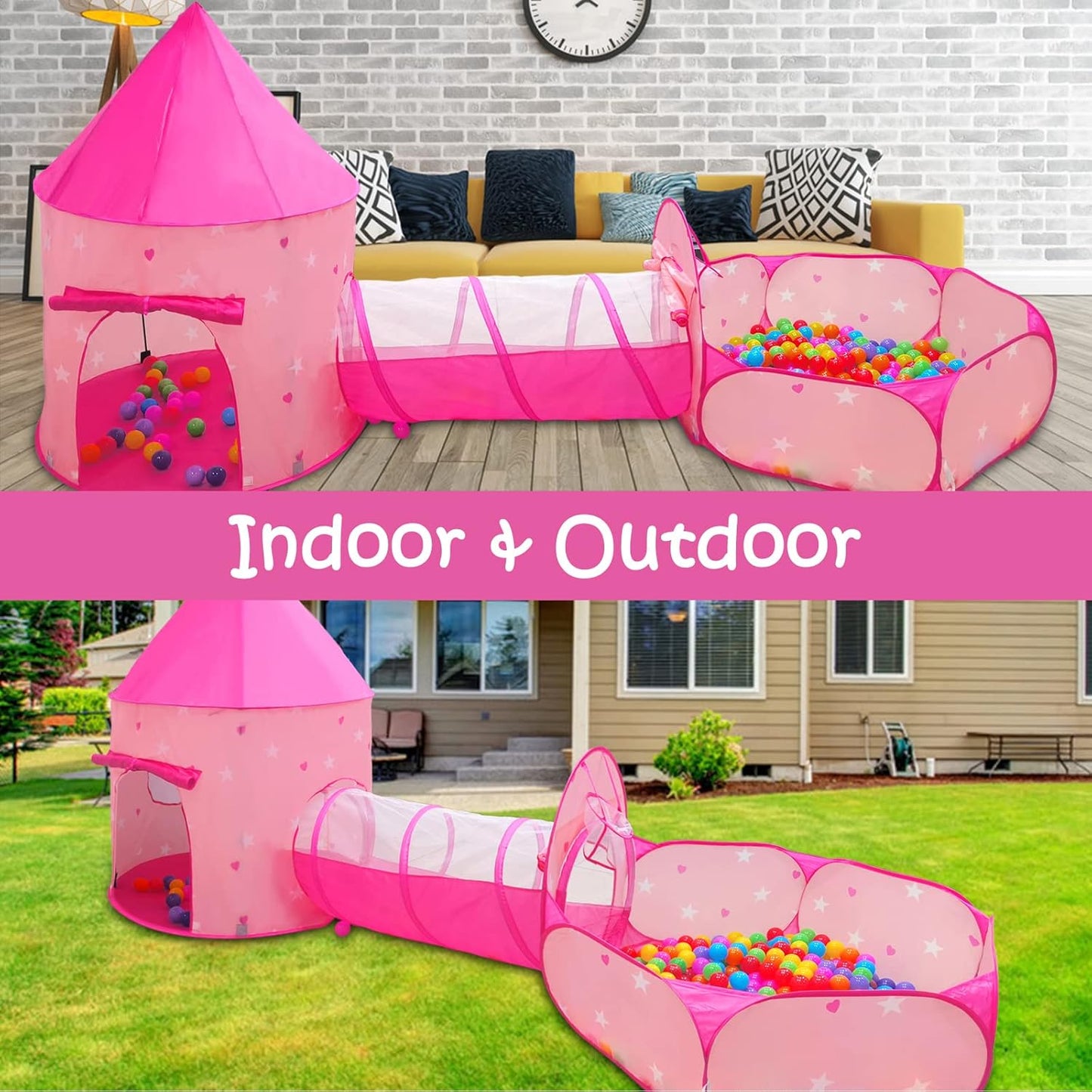 Sumbababy Pop Up Kids Play Tent with Tunnel - Ball Pit for Boys, Girls and Toddlers - 3 in 1 Playhouse Kids Indoor Outdoor Tents Set