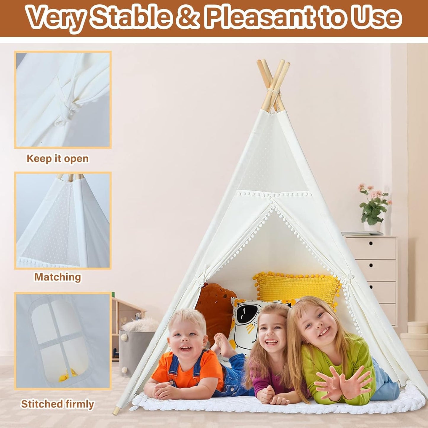 Sumbababy Kids Teepee Tent for Toddlers Indoor- Play Tents for Girls & Boys Slumber Party - Washable Tipi Sleepover Tent Kid Boho Toddler Tents with Lights & Carry Bag - Foldable Outdoor Gift Toys