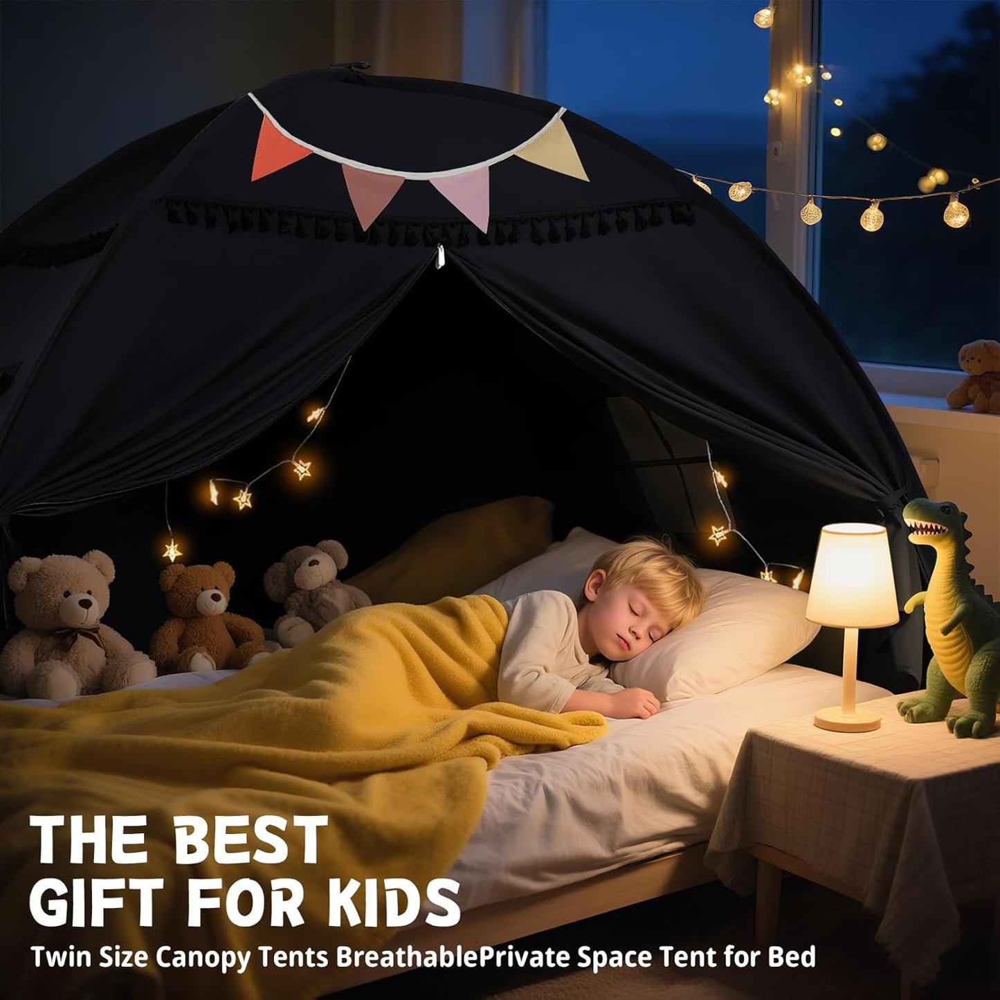 Twin Size Bed Canopy: Lights & Flags Indoor Floor Bed Kids Tent Playhouse - Portable & Foldable Twin Bunk Curtains - Girls & Boys Bedroom Privacy Space Blackout Tents Slumber