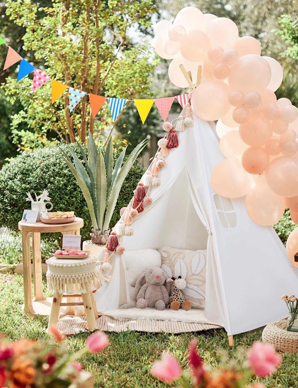 Sumbababy Teepee Tent for Kids Tipi Tent Indoor - Cotton Canvas Kid Tents for Inside with Light & Flag- Foldable Toddler Play Tents for Girls & Boys Slumber Party - Washable Boho Play House Gift Toys