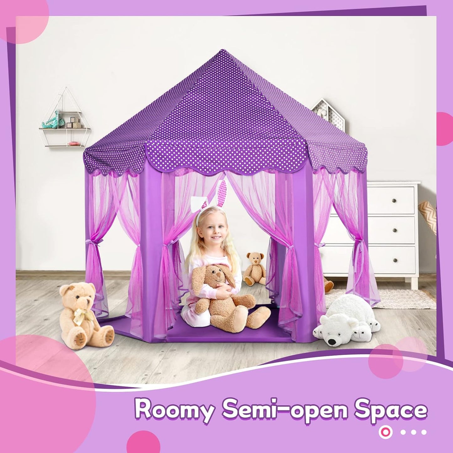 Purple Princess Castle Tent for Girls with Fairy Star Lights Play Tents for Kids Hexagon Playhouse Fairy Toys for Children or Toddlers Indoor or Outdoor Games