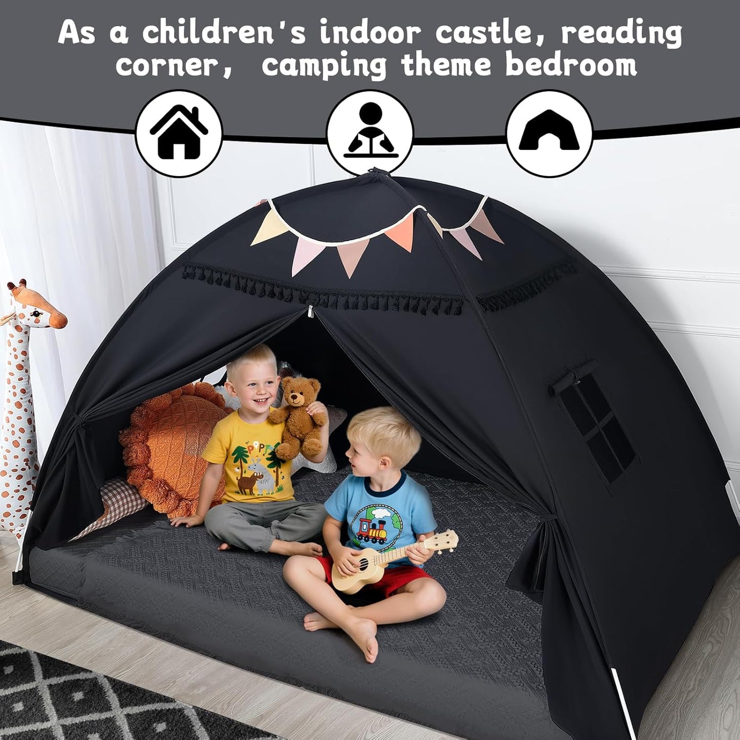 Twin Size Bed Canopy: Lights & Flags Indoor Floor Bed Kids Tent Playhouse - Portable & Foldable Twin Bunk Curtains - Girls & Boys Bedroom Privacy Space Blackout Tents Slumber