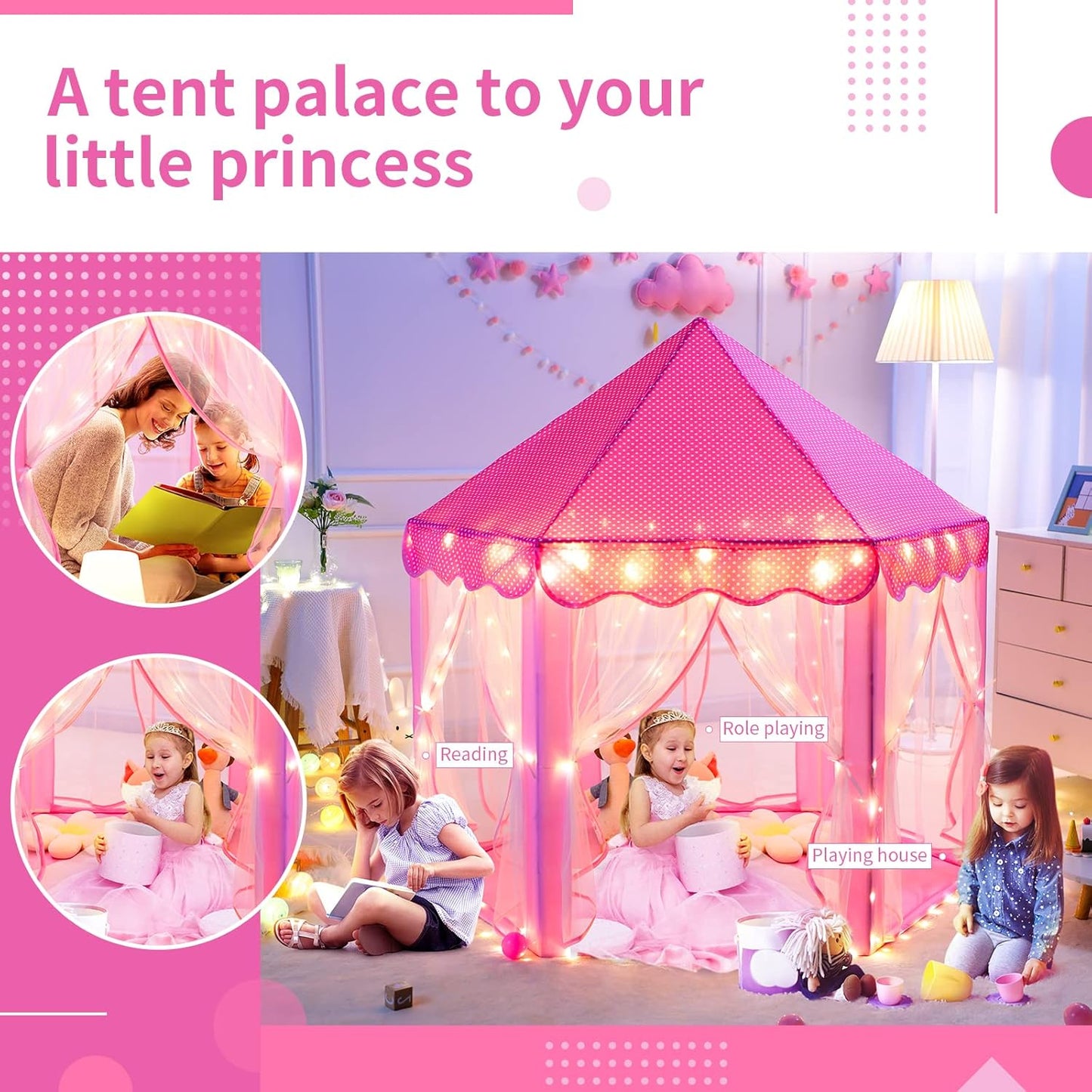 Sumbababy Pink Princess Tent for Toddlers and Pink Play Tent with Mat, Gifts Toys for Girls Indoor & Outdoor Playhouse