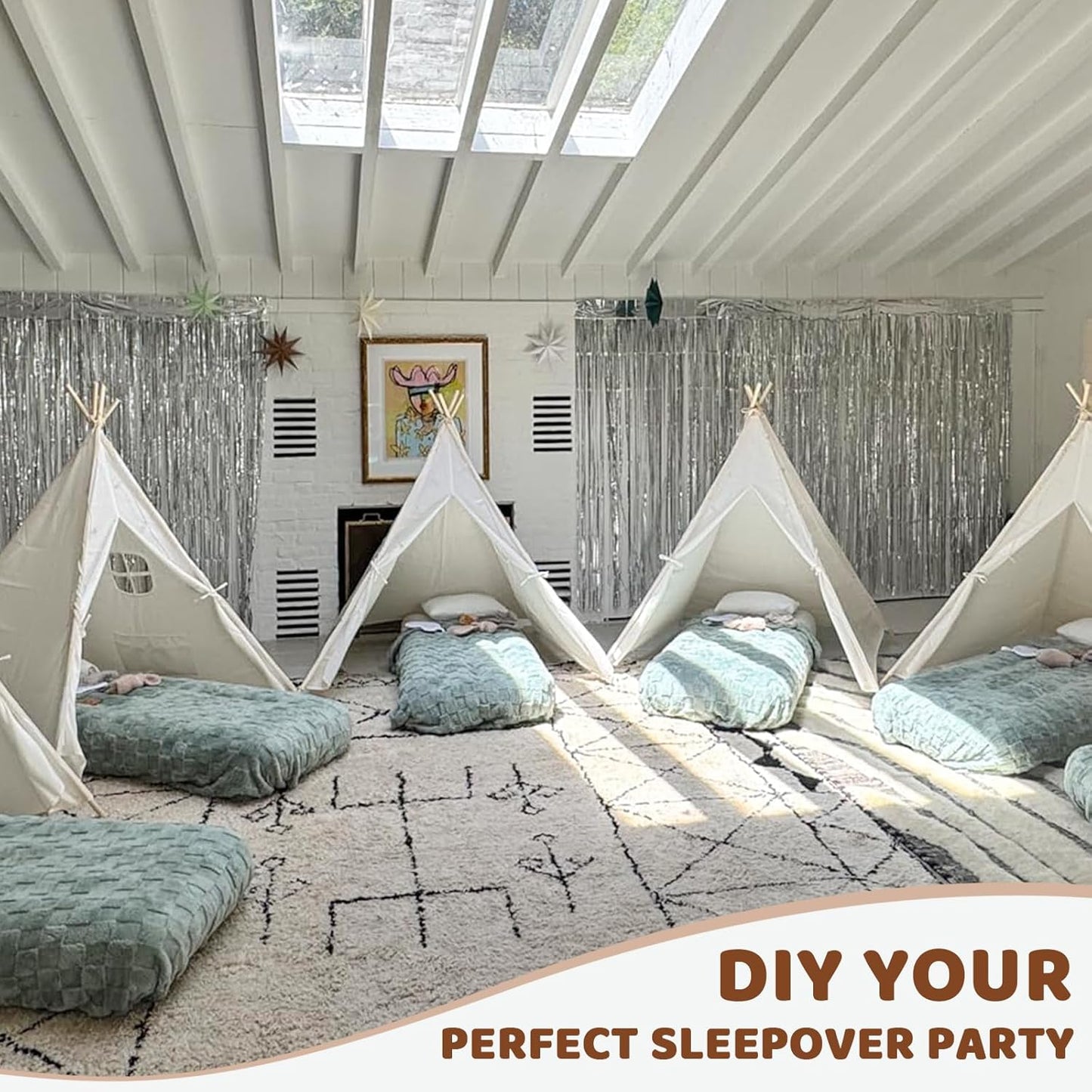 Sumbababy 4 Pack Teepee Tent for Kids - Natural Canvas Tipi Sleepover Tents for Girls Party with Washable Play Tent Indoor, Includes Carry Bag, Lights & Colorful Flags