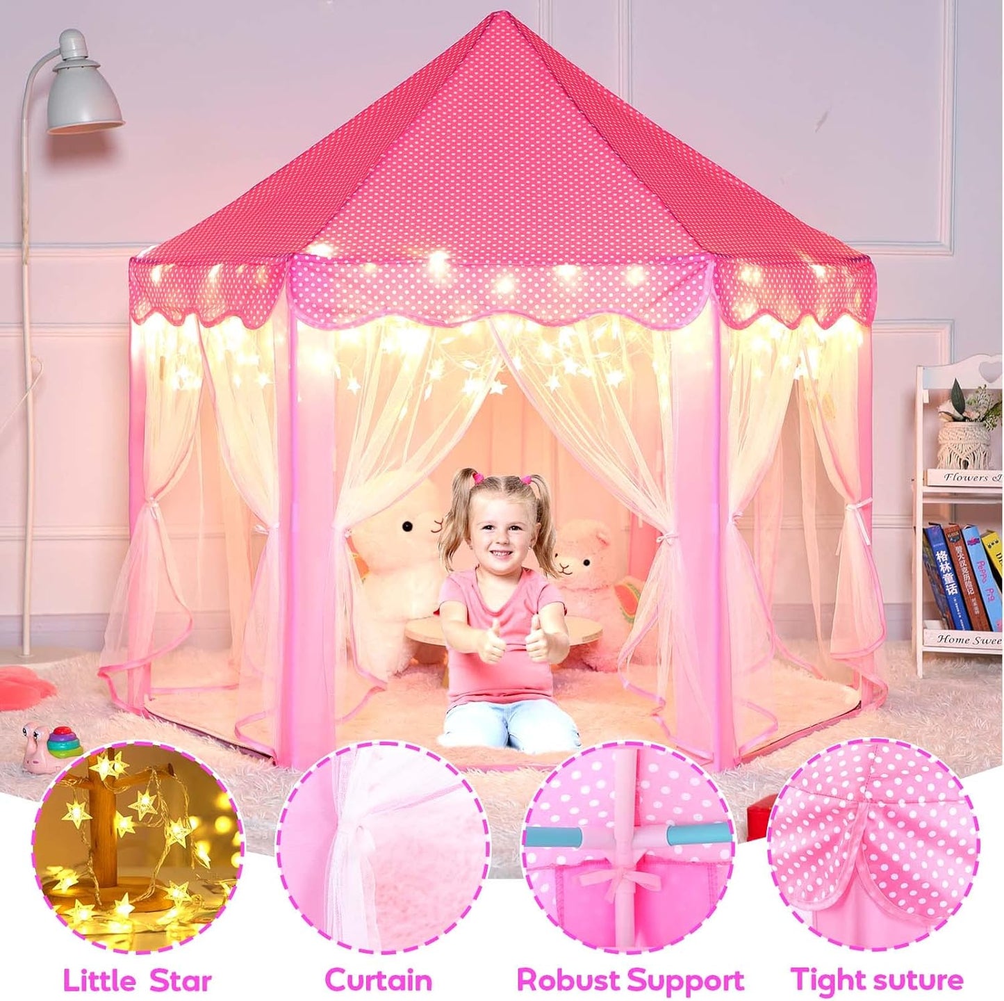 Princess Castle Tent with Rug for Girls Fairy Play Tents for Kids Hexagon Playhouse with Fairy Star Lights Toys for Children or Toddlers Indoor Games (Pink Princess Tent with Rug)