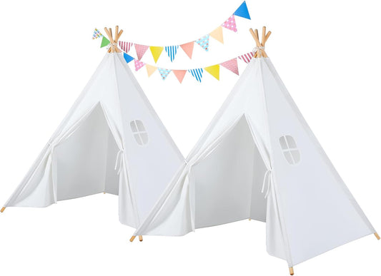 Teepee Tent for Kids Slumber Party 2 Pack: Star Lights & Colored Flag - Indoor Outdoor Toddler Play Tent for Girls Boys Birthday Gifts Sleepover Party (White)