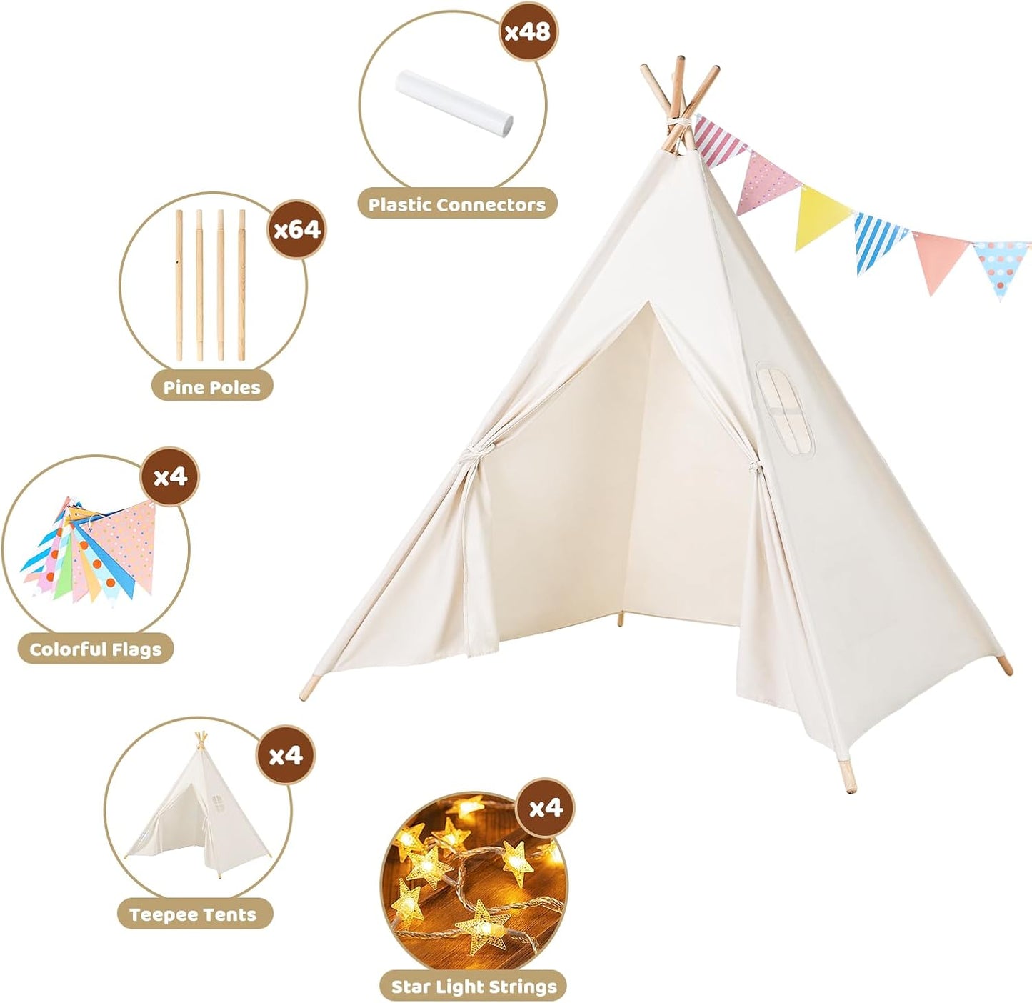 Sumbababy 4 Pack Teepee Tent for Kids - Natural Canvas Tipi Sleepover Tents for Girls Party with Washable Play Tent Indoor, Includes Carry Bag, Lights & Colorful Flags
