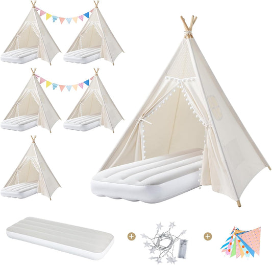 Sumbababy 6 Pack Sleepover Tents for Girls Party - Kids Teepee Tent with Inflatable Airbed - Boho Toddler Tents Indoor - Washable Foldable Slumber Party Tent