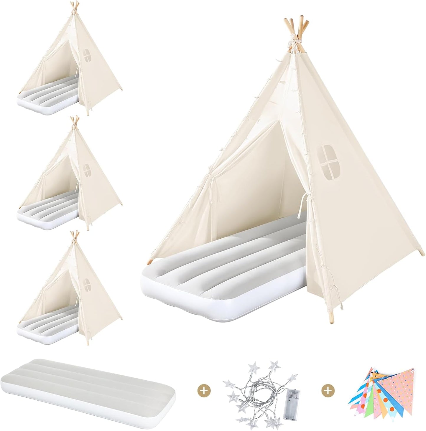 Sumbababy 4 Pack Teepee Tent for Kids Slumber Party - Sleepover Tents with Inflatable Airbeds, Natural Canvas Play Tent Indoor, Washable Fabric, Carry Bag, Lights & Colorful Flags