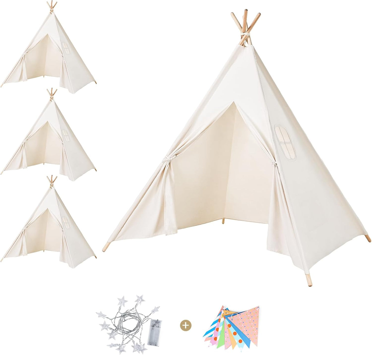 Sumbababy 4 Pack Teepee Tent for Kids - Natural Canvas Tipi Sleepover Tents for Girls Party with Washable Play Tent Indoor, Includes Carry Bag, Lights & Colorful Flags