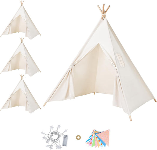 Sumbababy 4 Pack Teepee Tent for Kids - Natural Canvas Tipi Sleepover Tents for Girls Party with Washable Play Tent Indoor, Includes Carry Bag, Lights & Colorful Flags