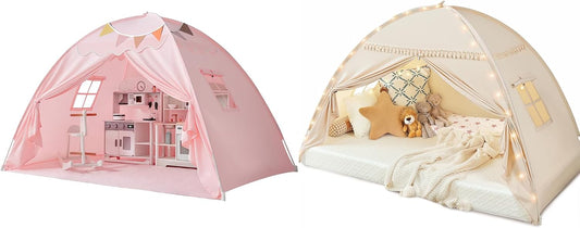 Toddler Twin bed Tent Canopy: Lights & Flags Indoor Floor Bed Kids Tent PlayHouse - Portable Twin Bunk bed Curtains - Large Size Girls & Boys House Bedroom Privacy Space Sleeping Tents Gifts