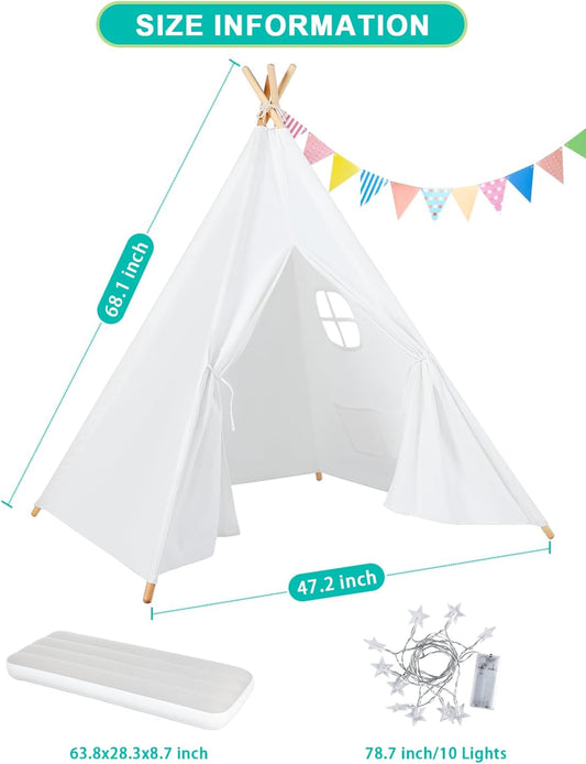 Teepee Tent for Kids Slumber Party 6 Pack - Inflatable Airbed & Star Lights & Colored Flag - Indoor Outdoor Toddler Play Tent for Girls Boys Birthday Gifts Sleepover Party (White)