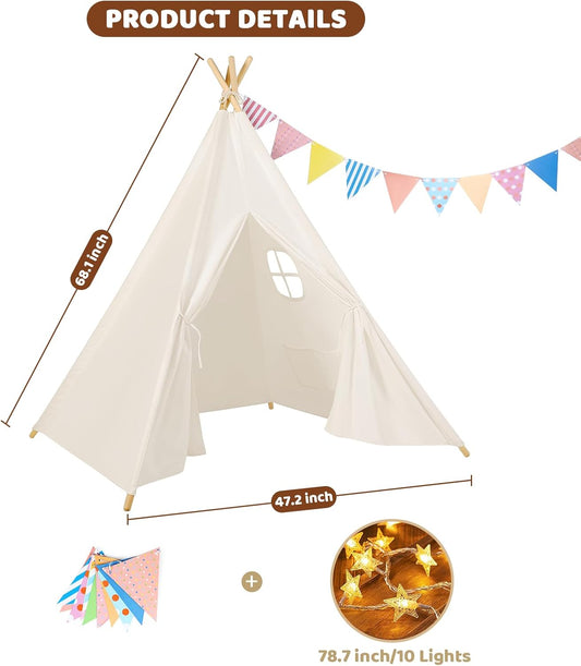 Sumbababy 2 Pack Teepee Tent for Kids - Natural Canvas Tipi Sleepover Tents for Girls Party with Washable Play Tent Indoor, Includes Carry Bag, Lights & Colorful Flags