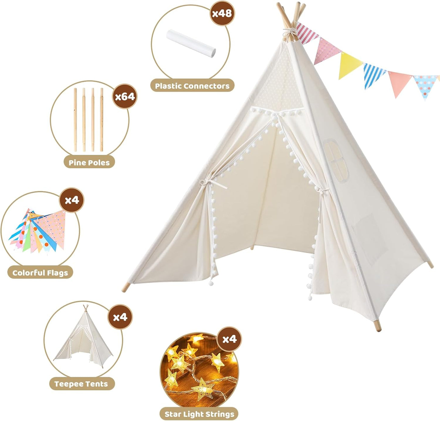 Sumbababy 4 Pack Kids Teepee Tent - Boho Toddler Sleepover Tents for Girls & Boys Indoor - Washable Foldable Slumber Party Tent