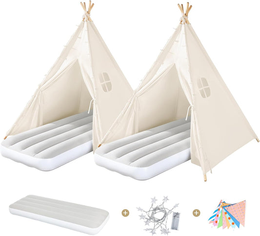 Sumbababy 2 Pack Teepee Tent for Kids Slumber Party - Sleepover Tents with Inflatable Airbeds, Natural Canvas Play Tent Indoor, Washable Fabric, Carry Bag, Lights & Colorful Flags