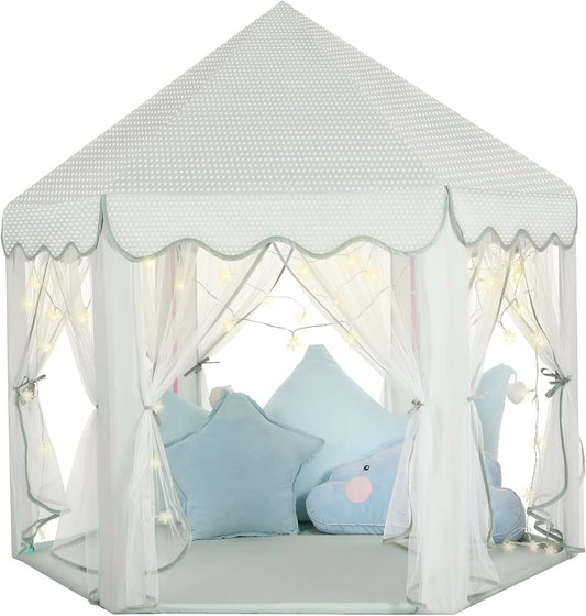 Princess Castle Tent for Girls Fairy Play Tents for Kids Blue Hexagon Playhouse with Fairy Star Lights Toys for Children or Toddlers Indoor or Outdoor Games (Green Princess Tent)