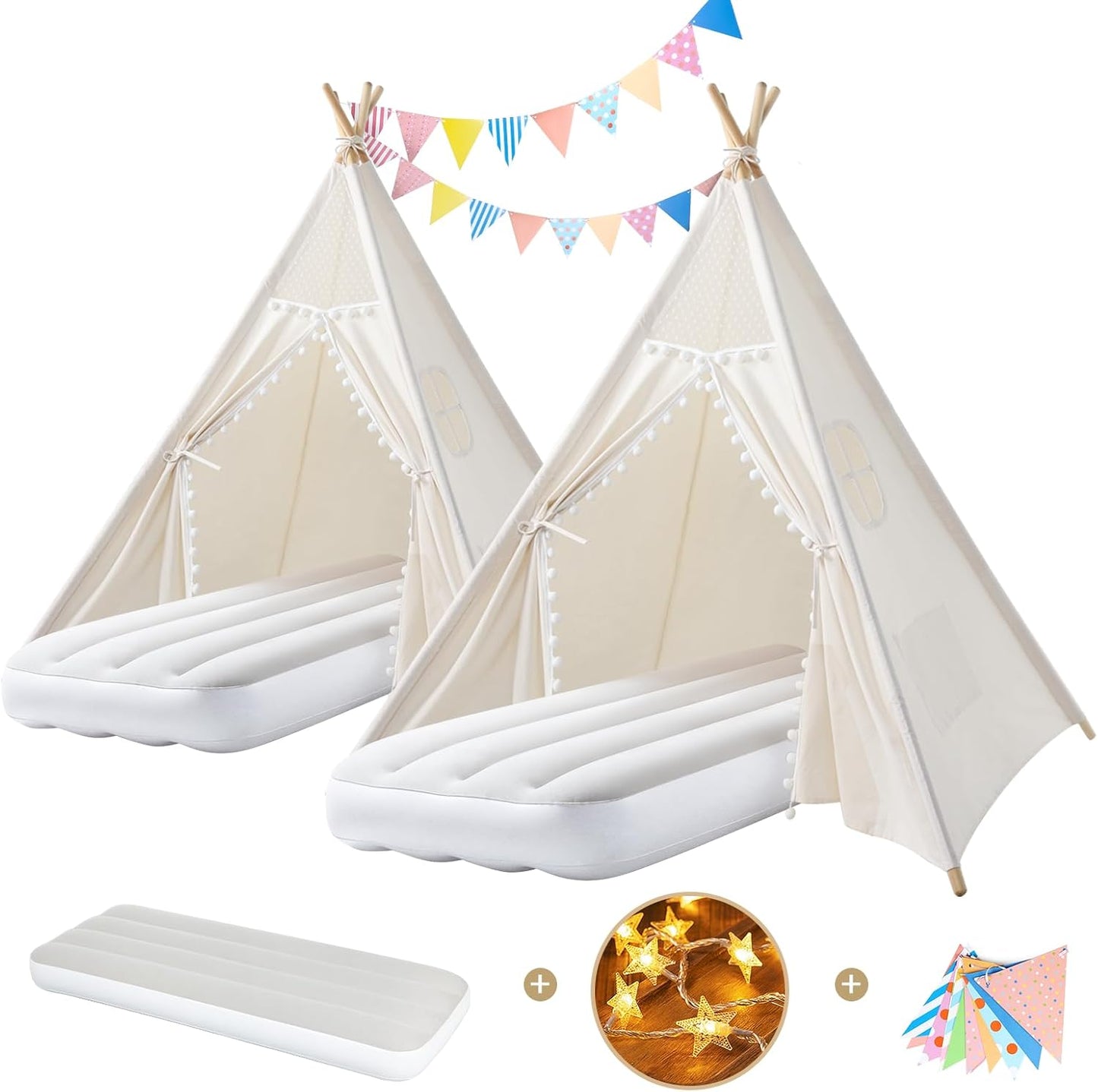 Sumbababy 2 Pack Sleepover Tents for Girls Party - Kids Teepee Tent with Inflatable Airbed - Boho Toddler Tents Indoor - Washable Foldable Slumber Party Tent