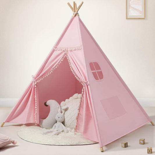 Sumbababy Teepee Tent for Kids Indoor – Cotton Canvas Play Tent with Tassel Trim, Foldable Toddlers Tent for Girls, Ideal Gift with Star Lights, Banner & Carry Bag (Pink)