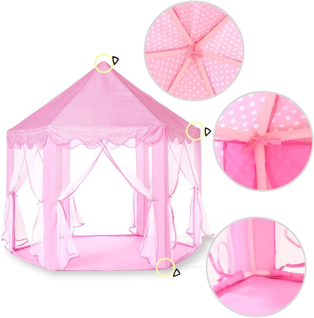 Princess Castle Tent for Girls Fairy Play Tents for Kids Hexagon Playhouse with Big Fairy Star Lights Toys for Children or Toddlers Indoor or Outdoor Games (Pink Princess Tent with Big Star Lights)