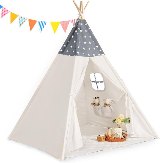 Sumbababy Teepee Tent for Kids Slumber Party - Cotton Canvas Foldable Kids Tent Indoor with Light & Flag Play House Outdoor - Toddler Tipi Playroom for Girls Gift Toys - Tee Pee Tents(Stars Design)