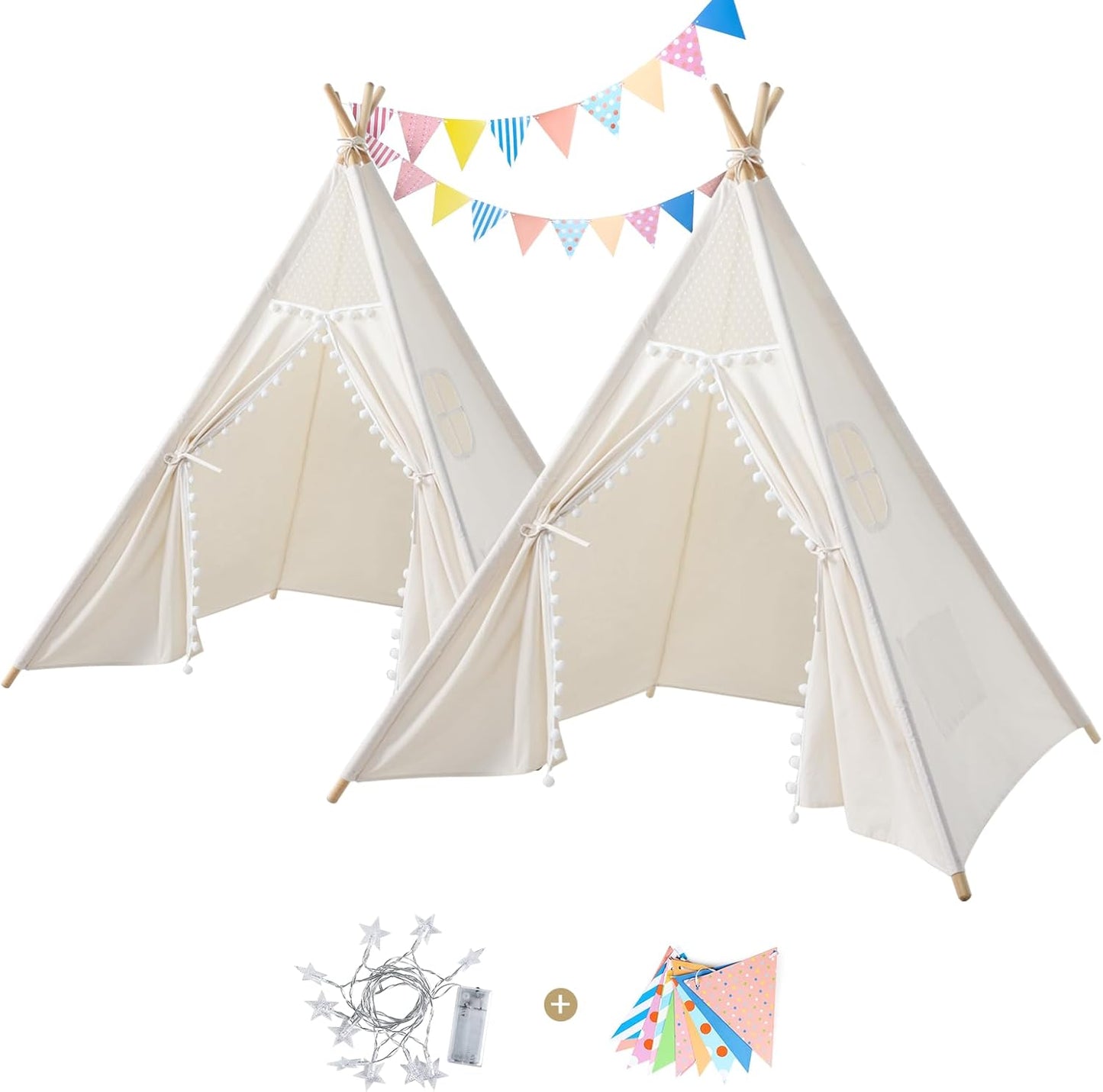Sumbababy 2 Pack Kids Teepee Tent - Boho Toddler Sleepover Tents for Girls & Boys Indoor - Washable Foldable Slumber Party Tent