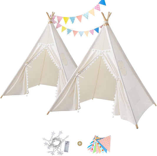Sumbababy 2 Pack Kids Teepee Tent - Boho Toddler Sleepover Tents for Girls & Boys Indoor - Washable Foldable Slumber Party Tent